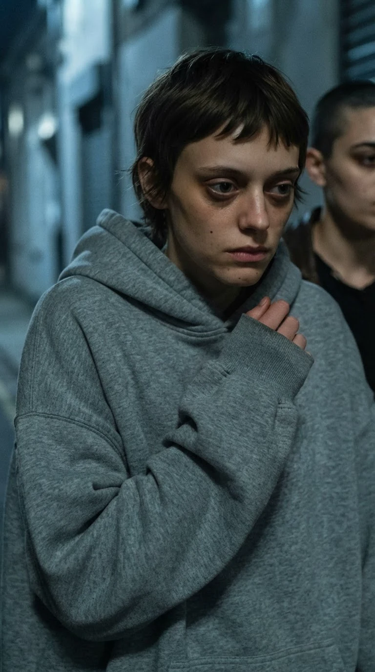 The hooded woman says her name, looking at the ground.