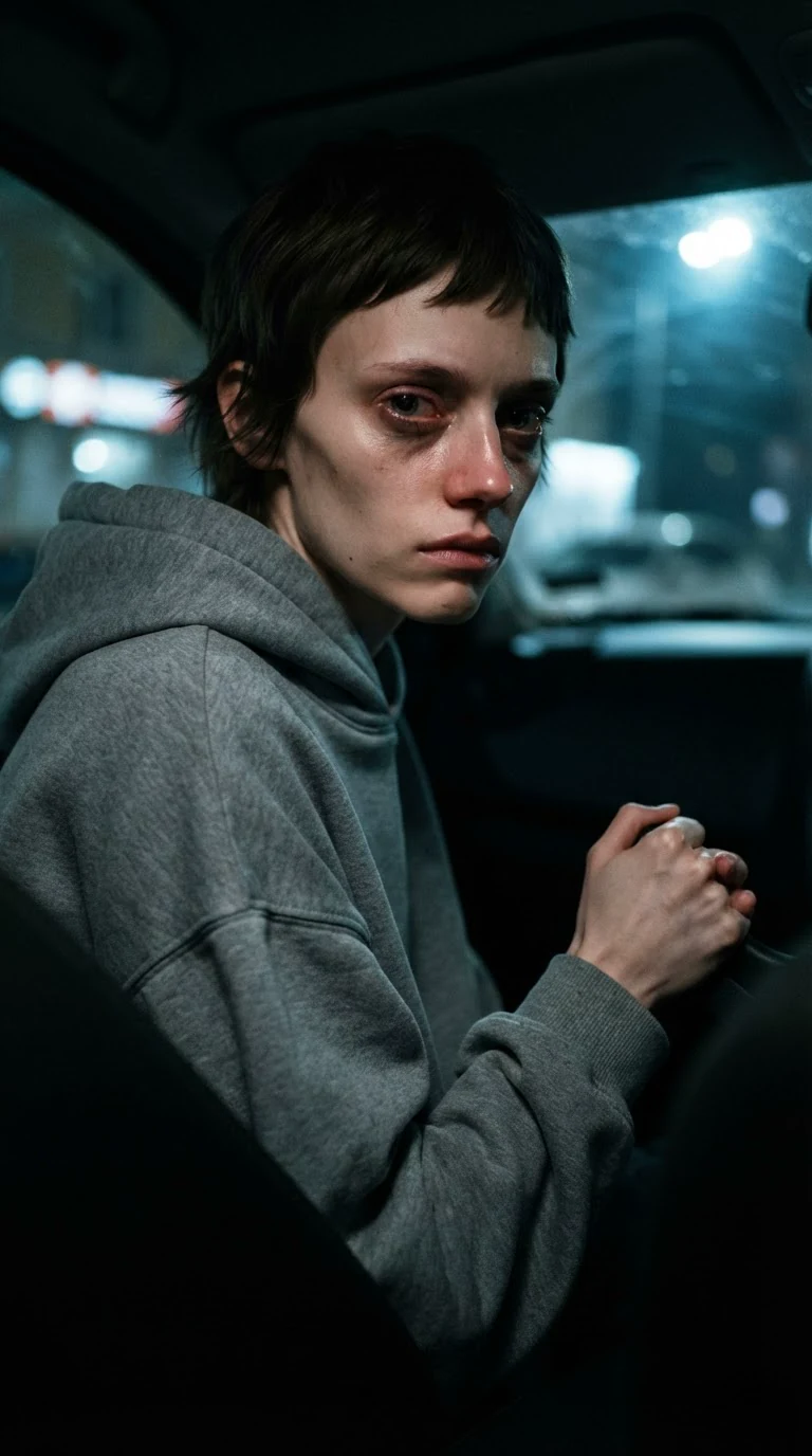 Close on the hooded woman's face in the dark car, eyes wet, jaw clenched.