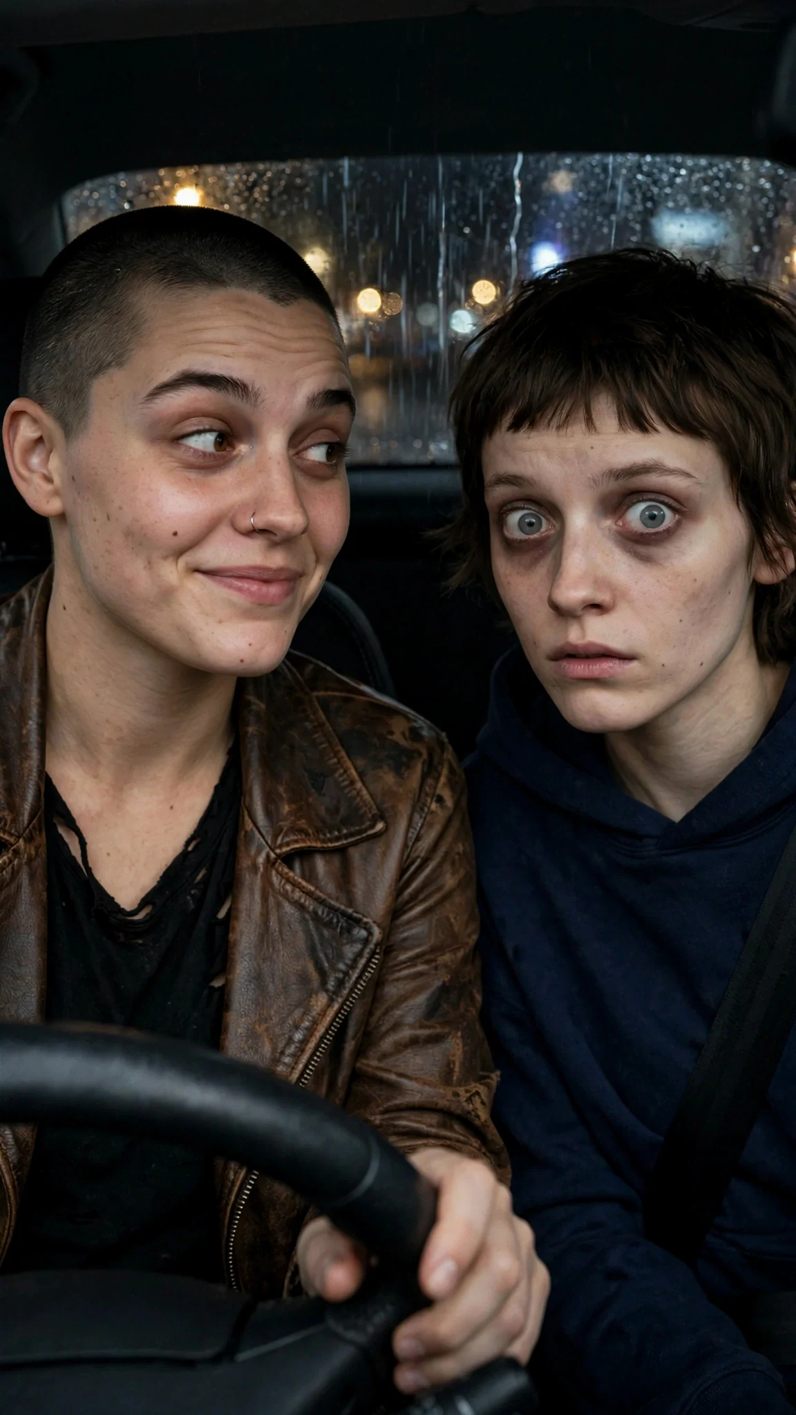 Juno glances over at her passenger, eyebrows raised, half smiling.