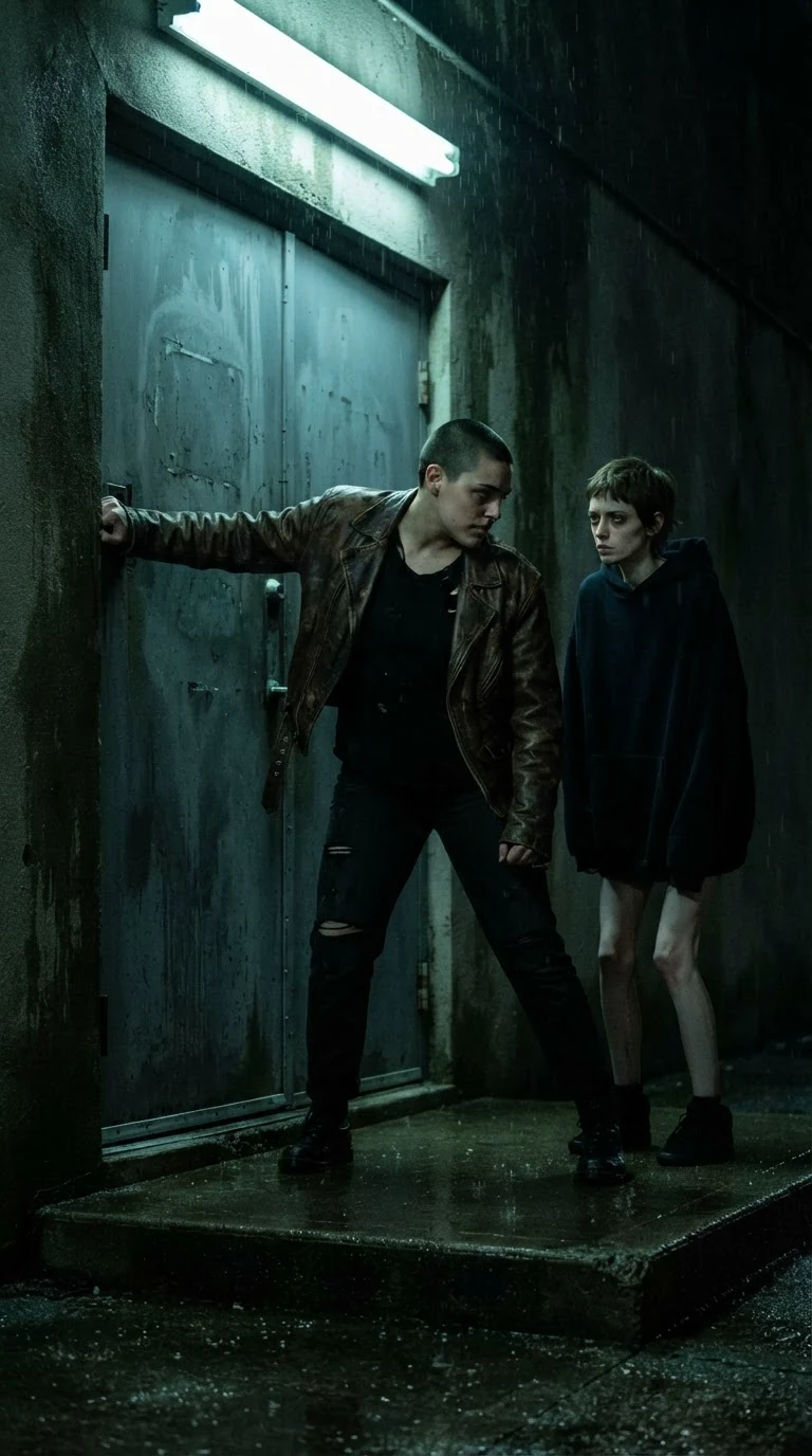 Juno wrestles a stiff back door open while Marnie waits behind her in a borrowed hoodie.