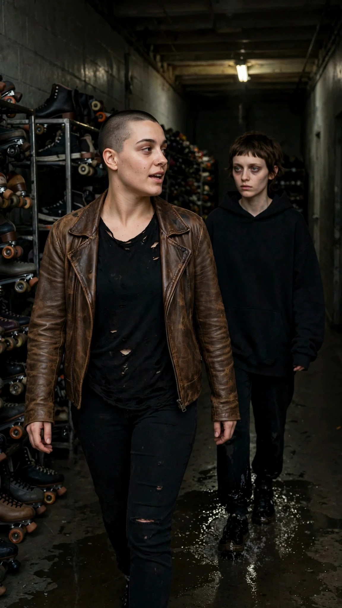 Marnie follows Juno down a dark rink corridor with a flickering strip light.