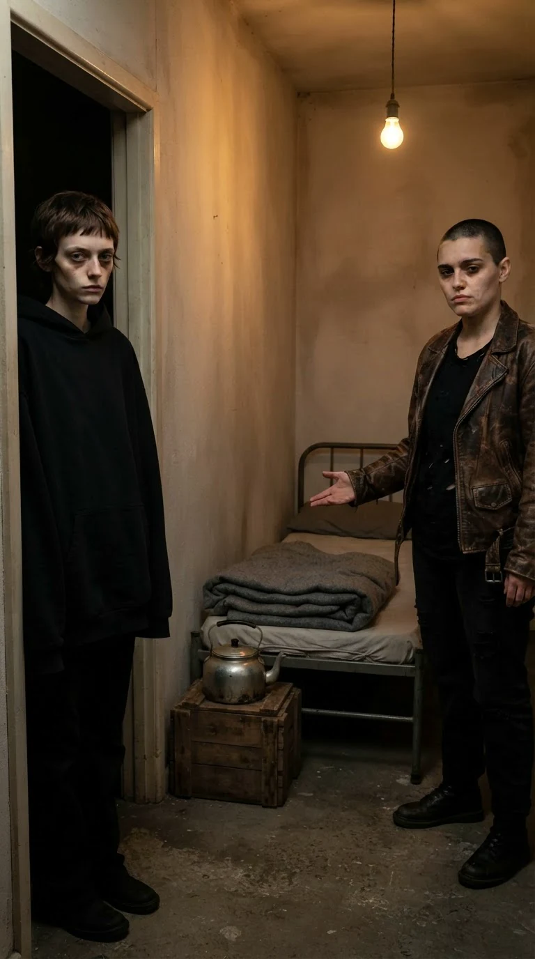 Juno points at a narrow cot in a storeroom while Marnie stands frozen in the doorway.