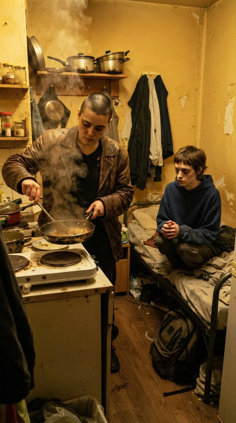 Juno pours tinned soup into a pan on a tiny hob while Marnie sits on the cot edge.