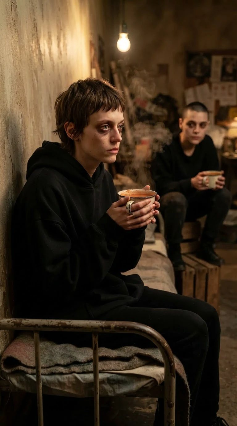 Marnie drinks soup from a chipped mug, eyes fixed on the wall.