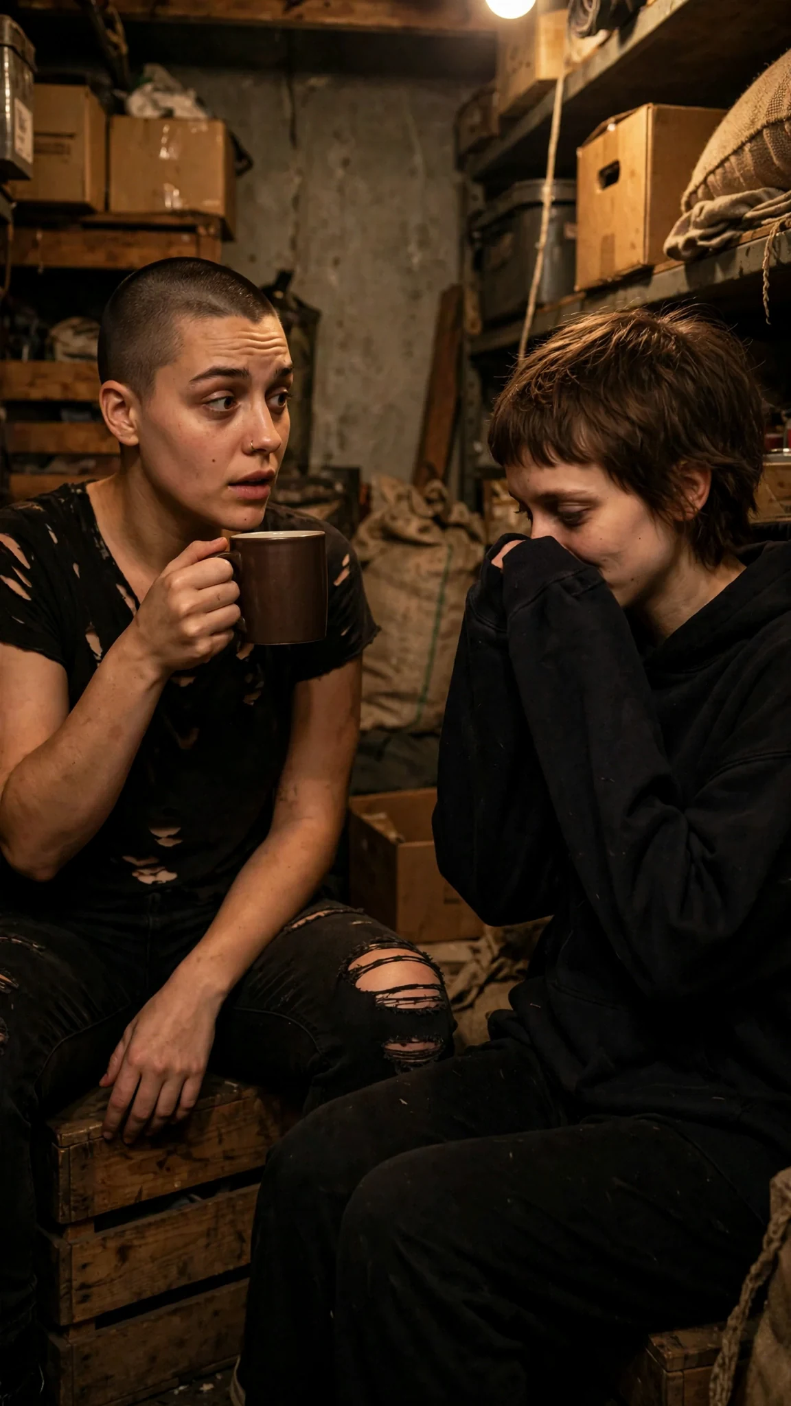 Juno glances up from her mug, eyebrows raised, and Marnie wipes her face fast.