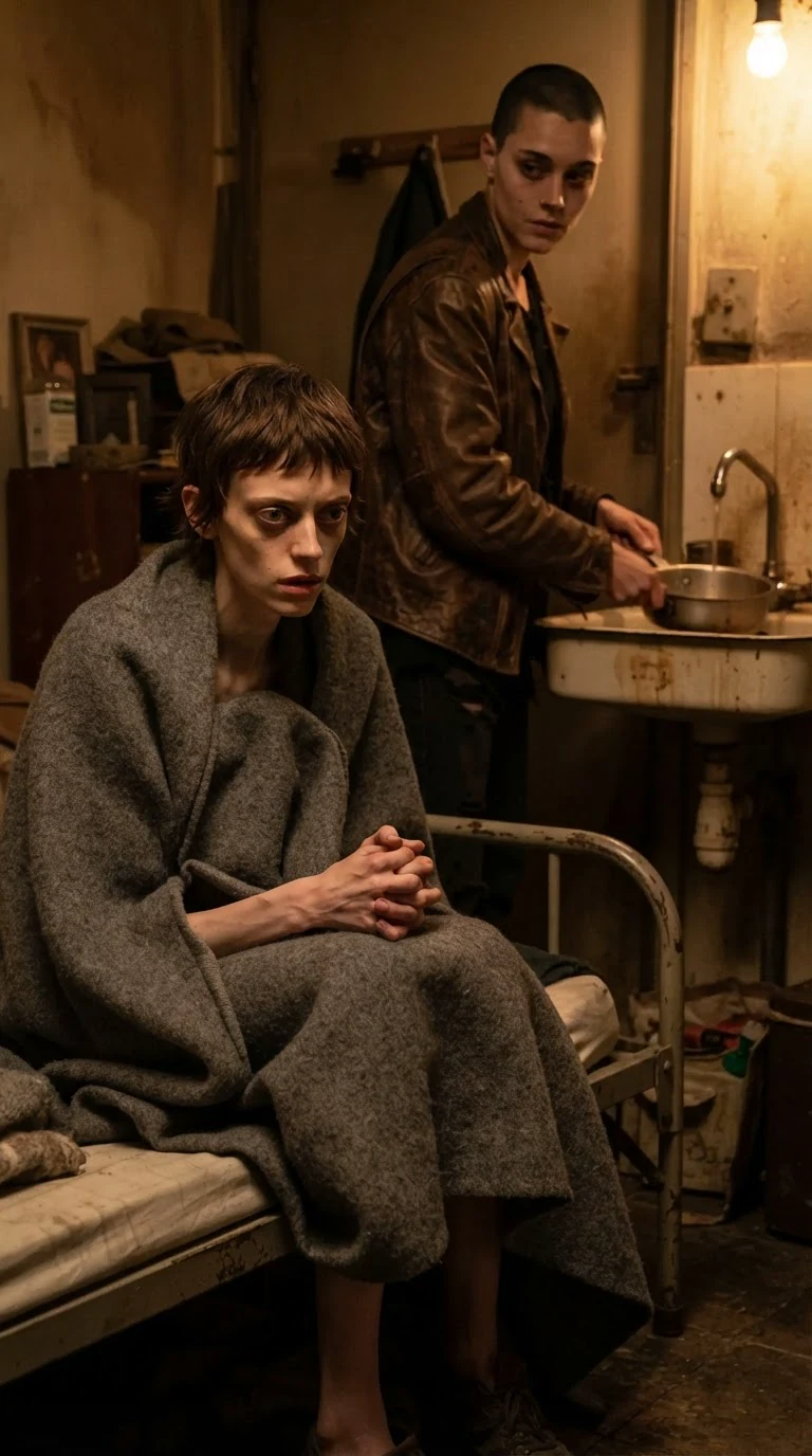 Marnie sits under the grey blanket, hands knotted, unease on her face.