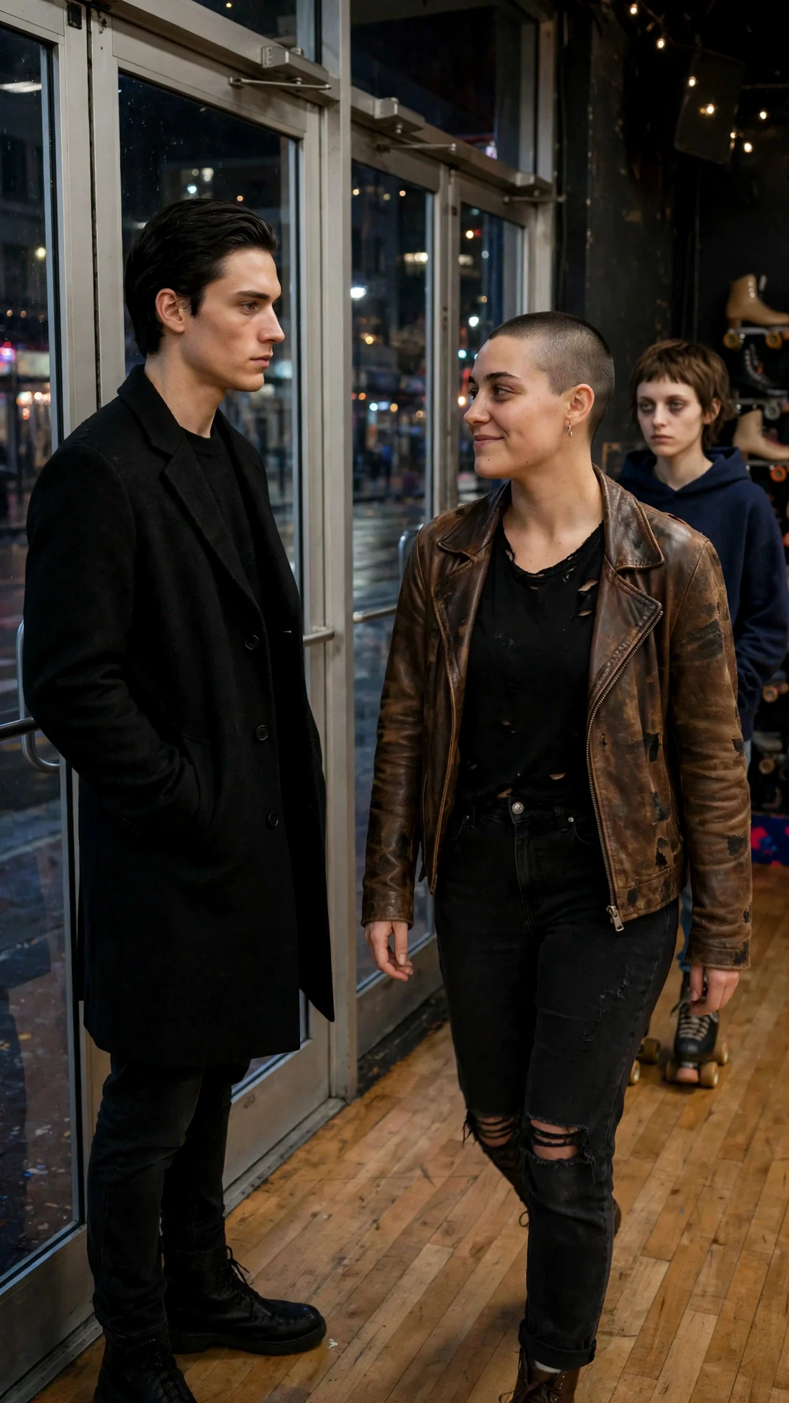 Cassian stands by the rink's front doors in a dark coat, hands in his pockets.