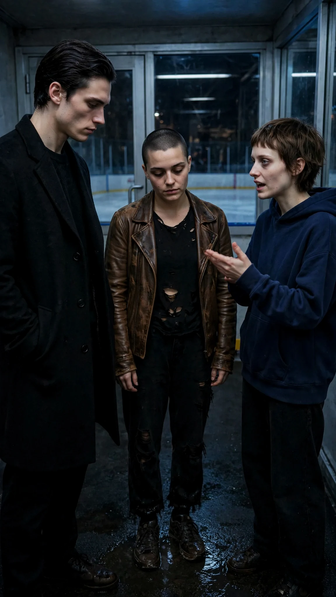 Cassian looks at Marnie's shoes and says nothing, while Juno keeps talking.
