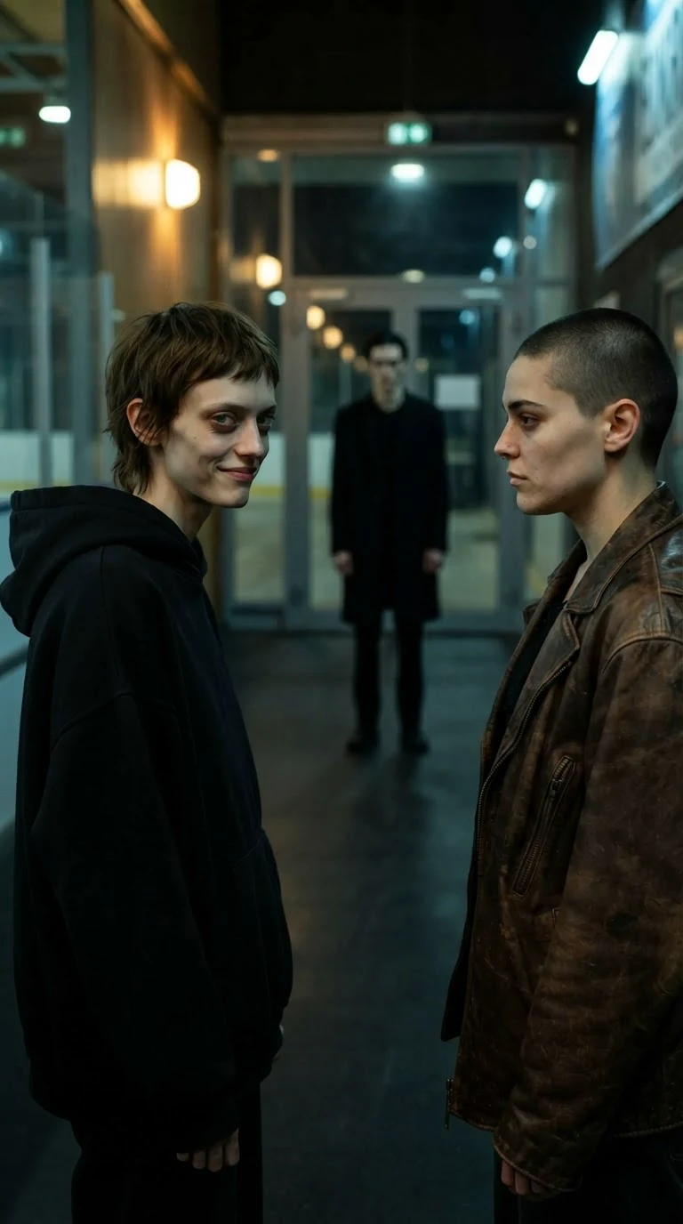 Marnie glances back down the dark hall while Juno chatters beside her.