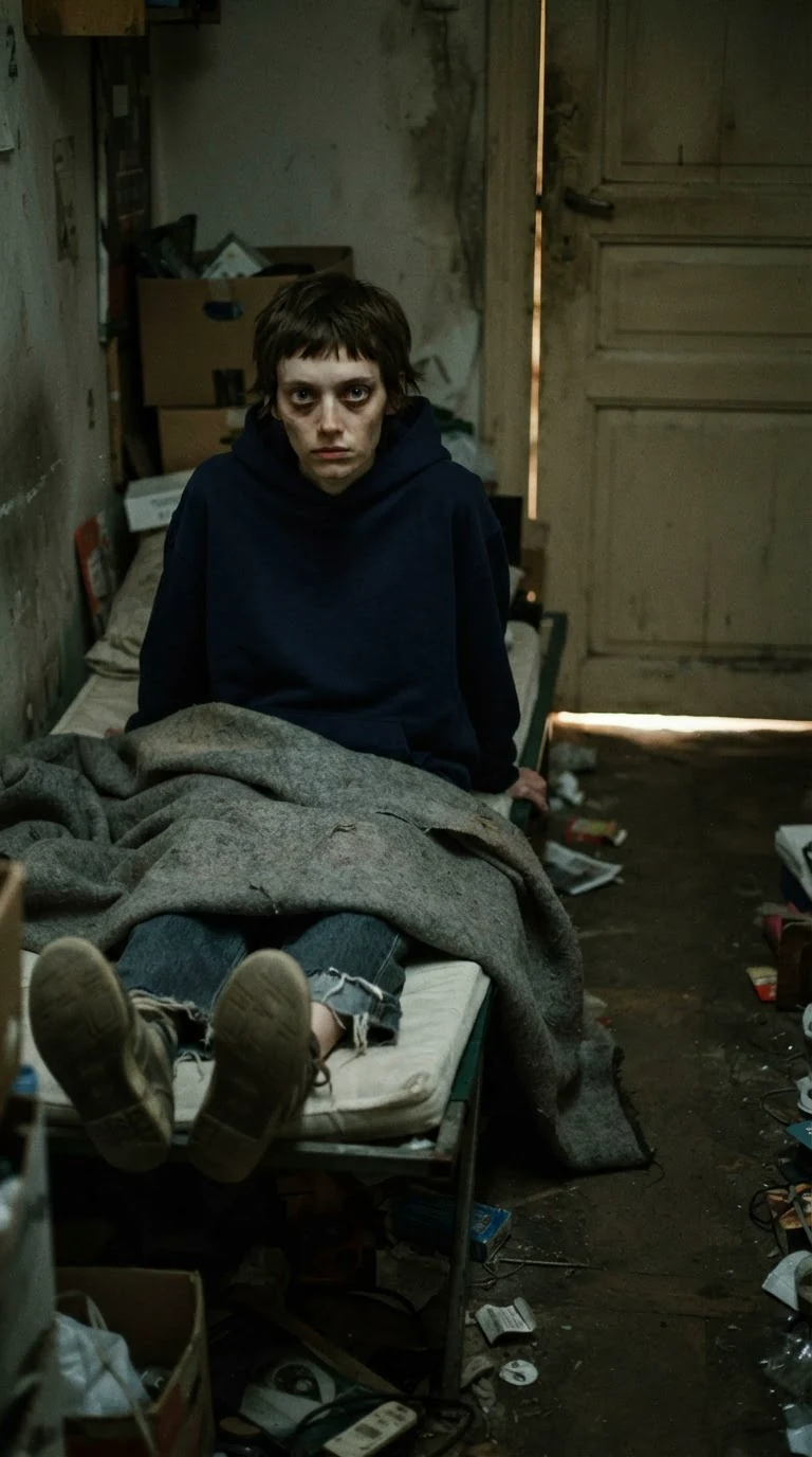 A thin young woman lies awake on a narrow cot in a dark back room, still in her shoes.