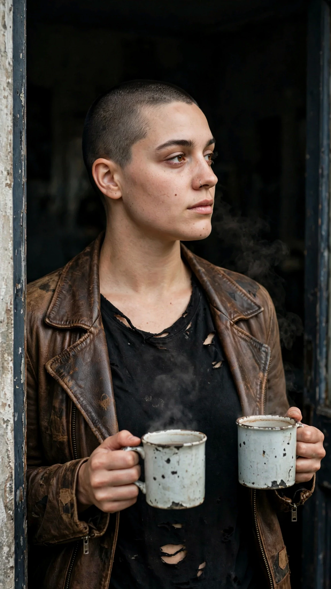A broad young woman in a ripped band tee stands in a doorway holding two mugs.