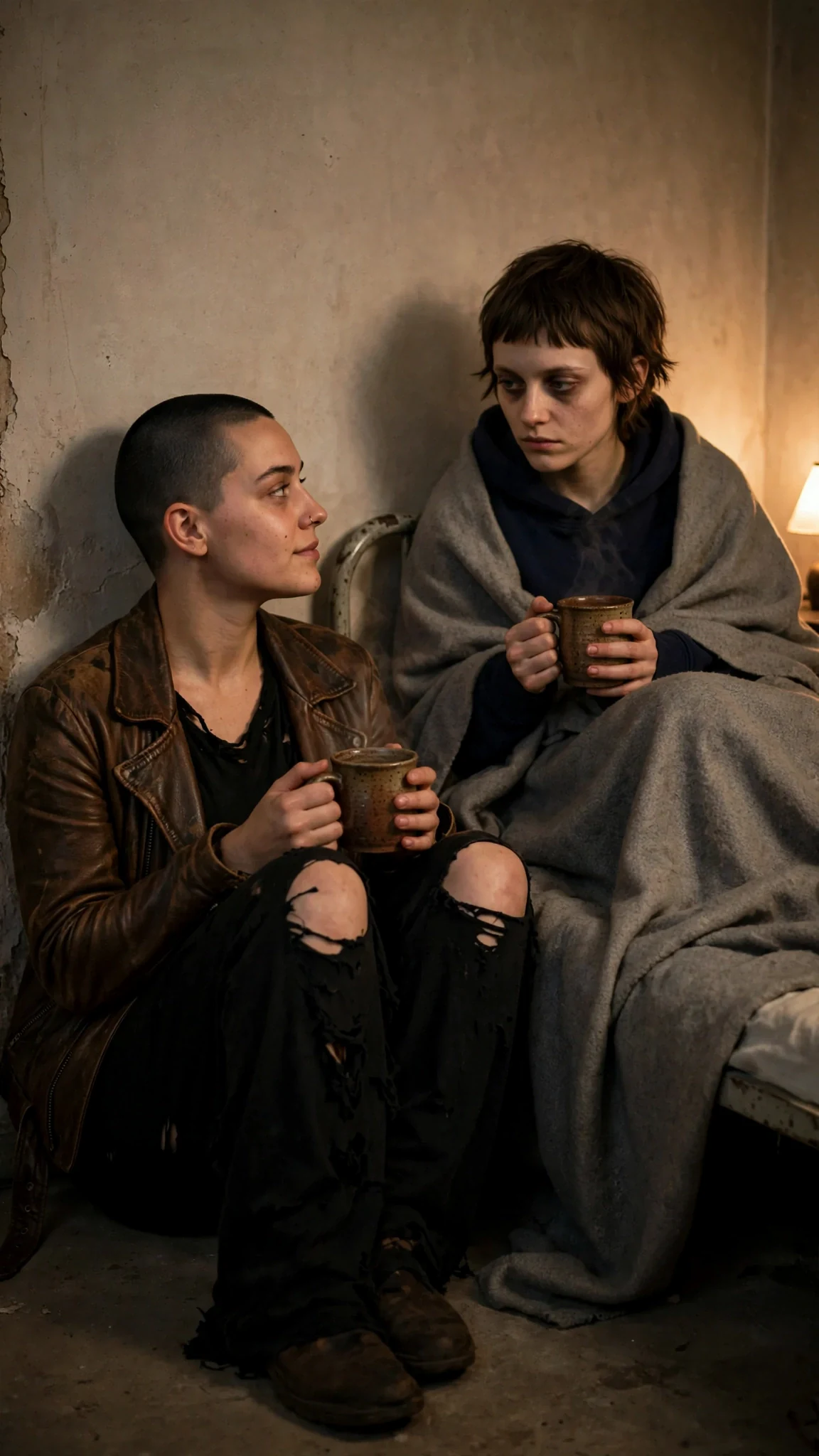 Juno sits on the floor beside the cot with her back to the wall, mugs between them.