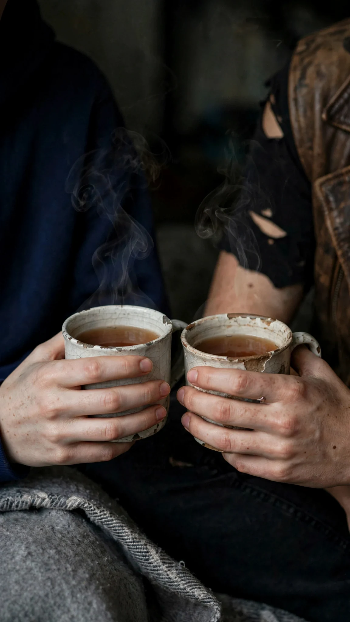 Close on two mugs held in the dark, steam rising between two pairs of hands.