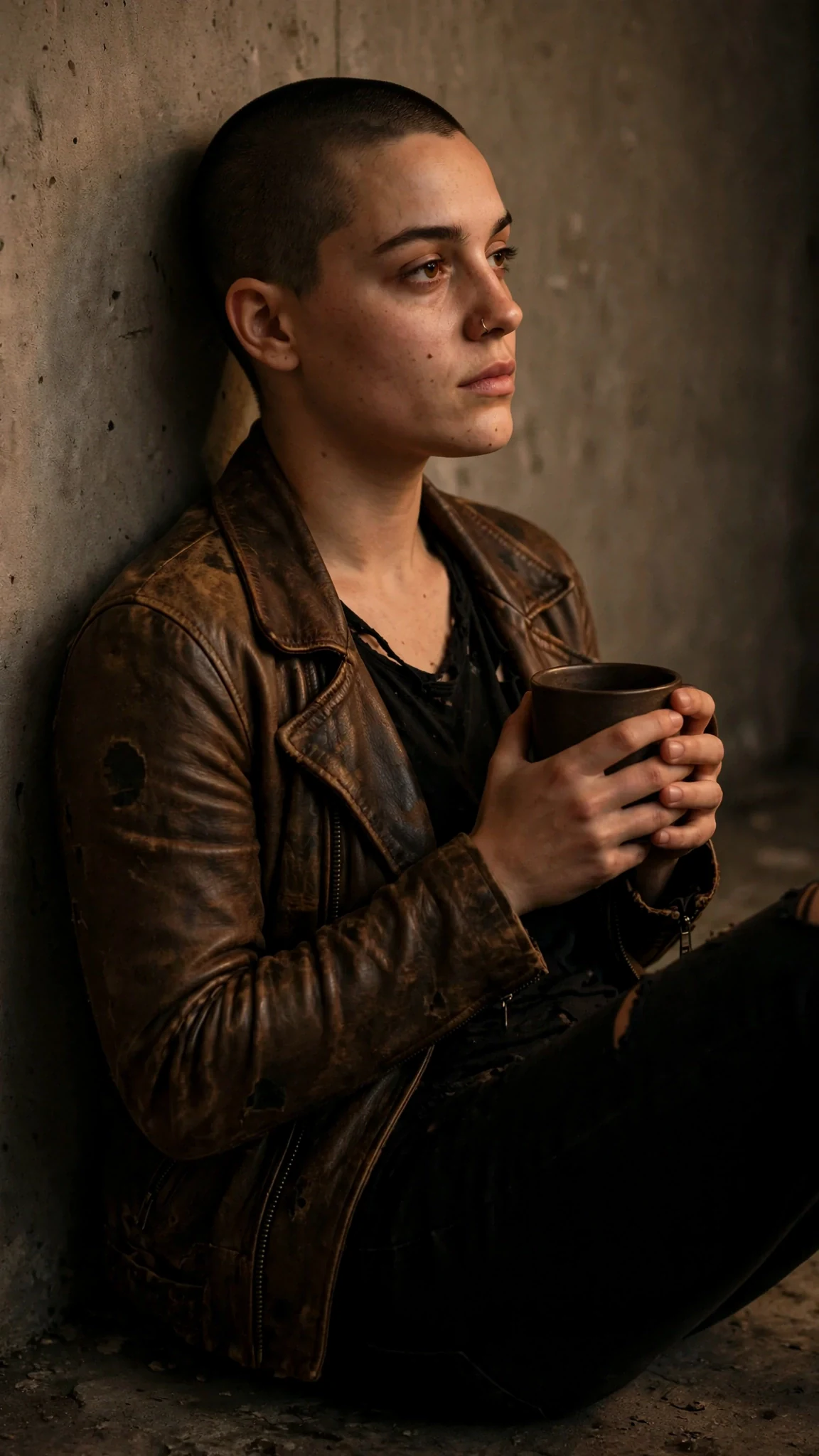 Juno stares at the far wall, jaw set, mug held against her chest.