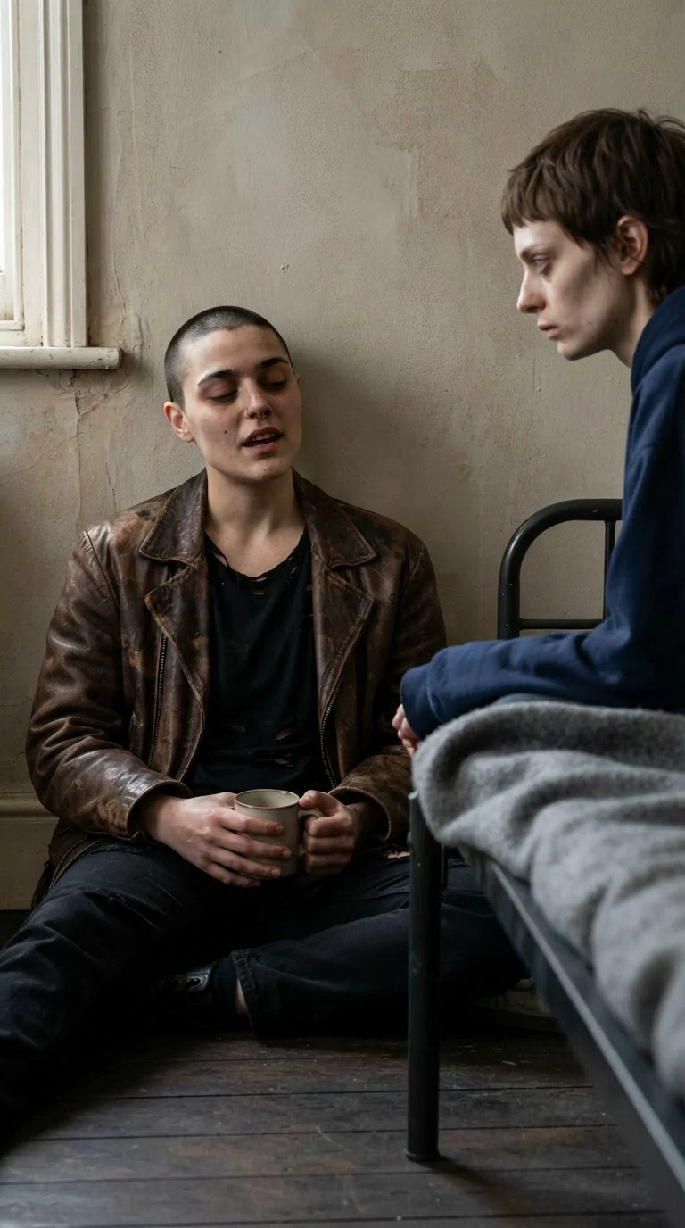 Juno talking, eyes lowered, in the dim back room.
