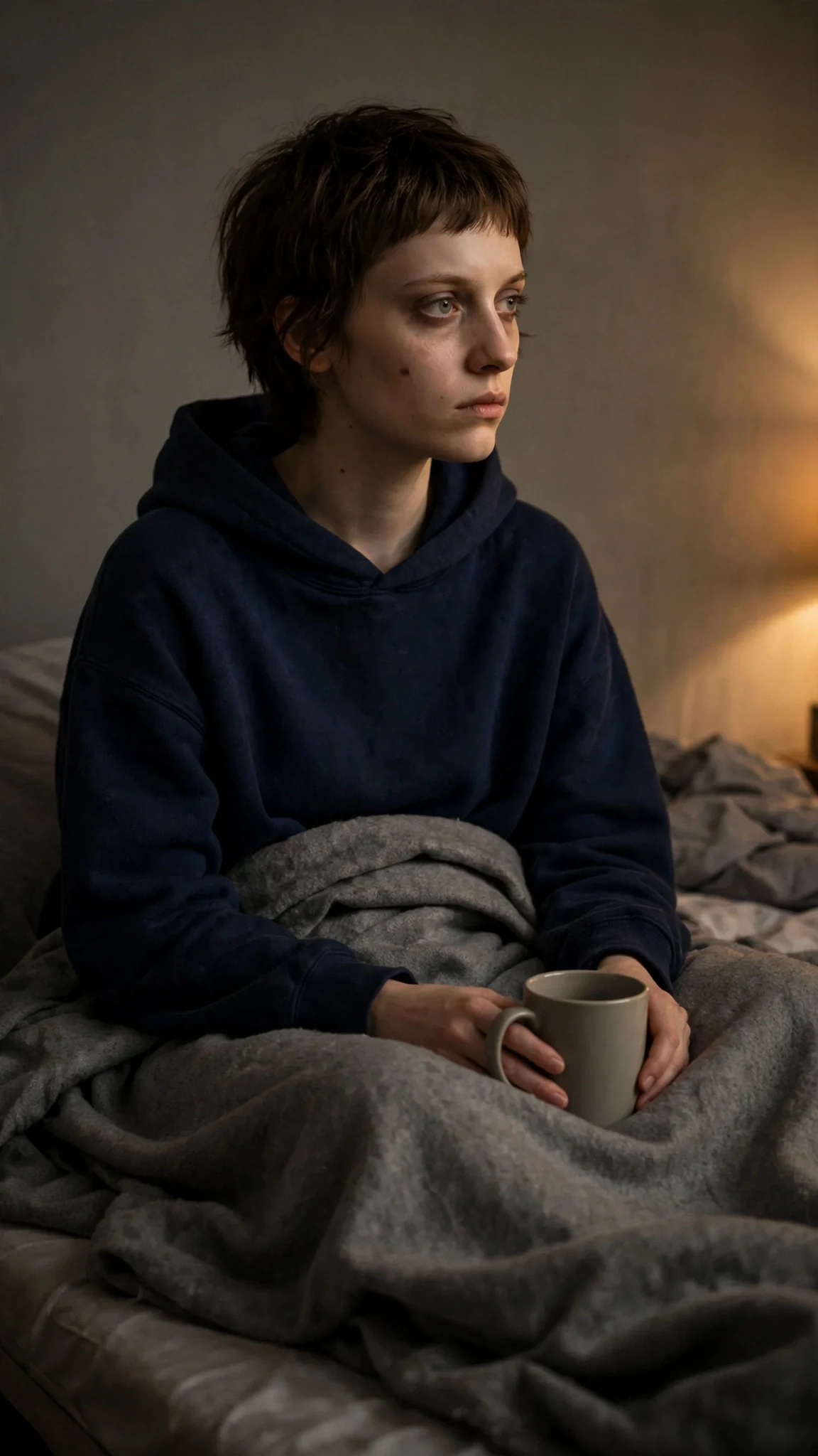 Marnie listening, mug forgotten in her lap, face still.