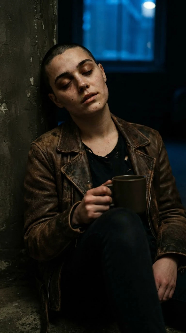 Juno with her eyes closed, telling the rest, mug resting on her knee.