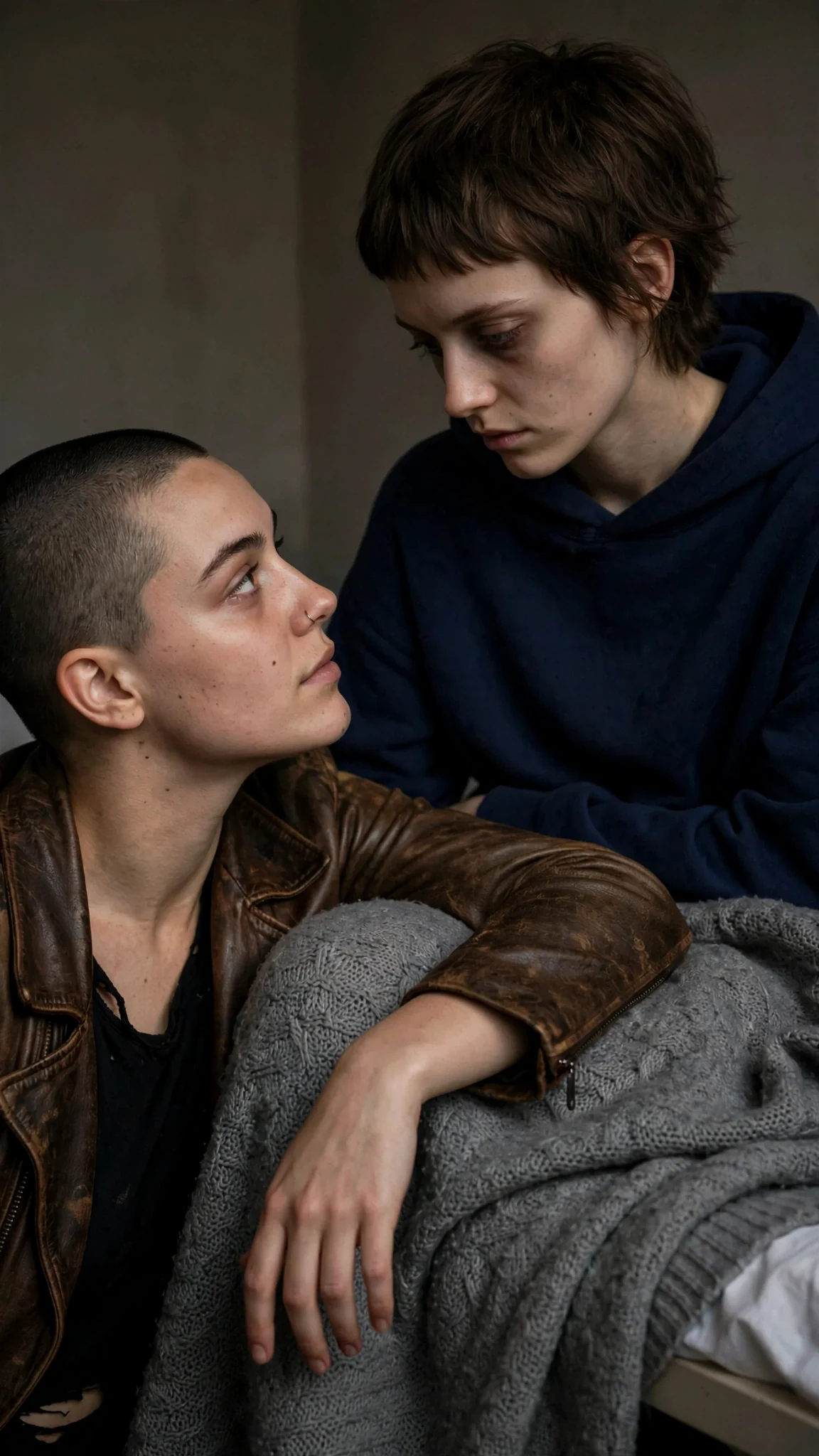 Juno leans in close on the floor, forearm resting against Marnie's knee, both faces near.