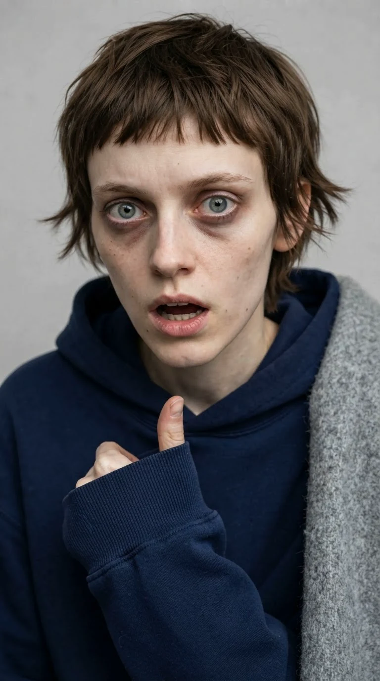 Marnie's thumb pressed against the hoodie cuff, mouth open, about to speak.