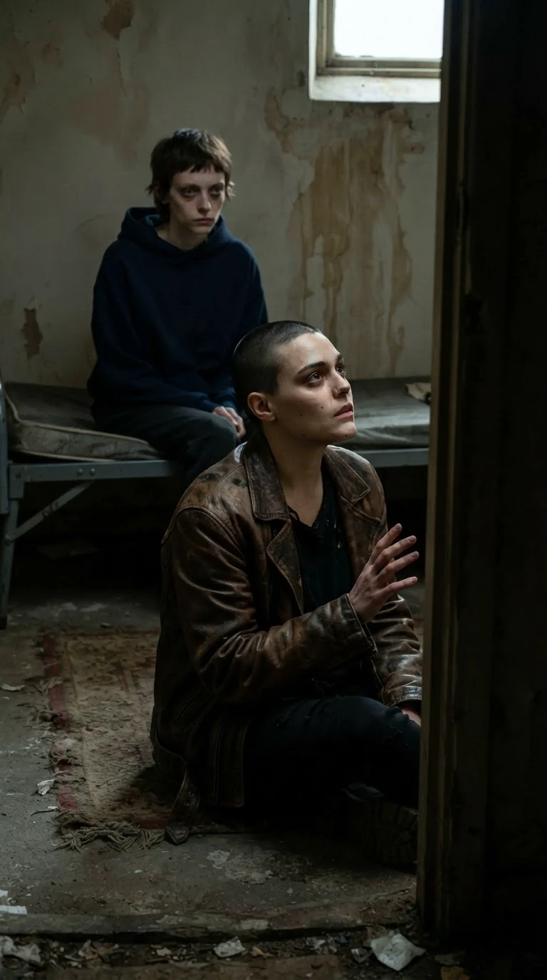 Juno turns her head towards a dark doorway, serious, one hand lifted.