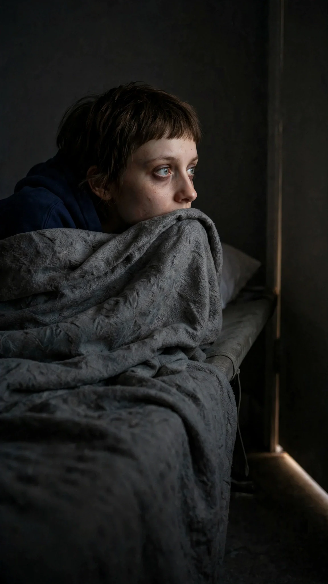 Marnie under the blanket in the dark, eyes open, listening to a sound out in the rink.
