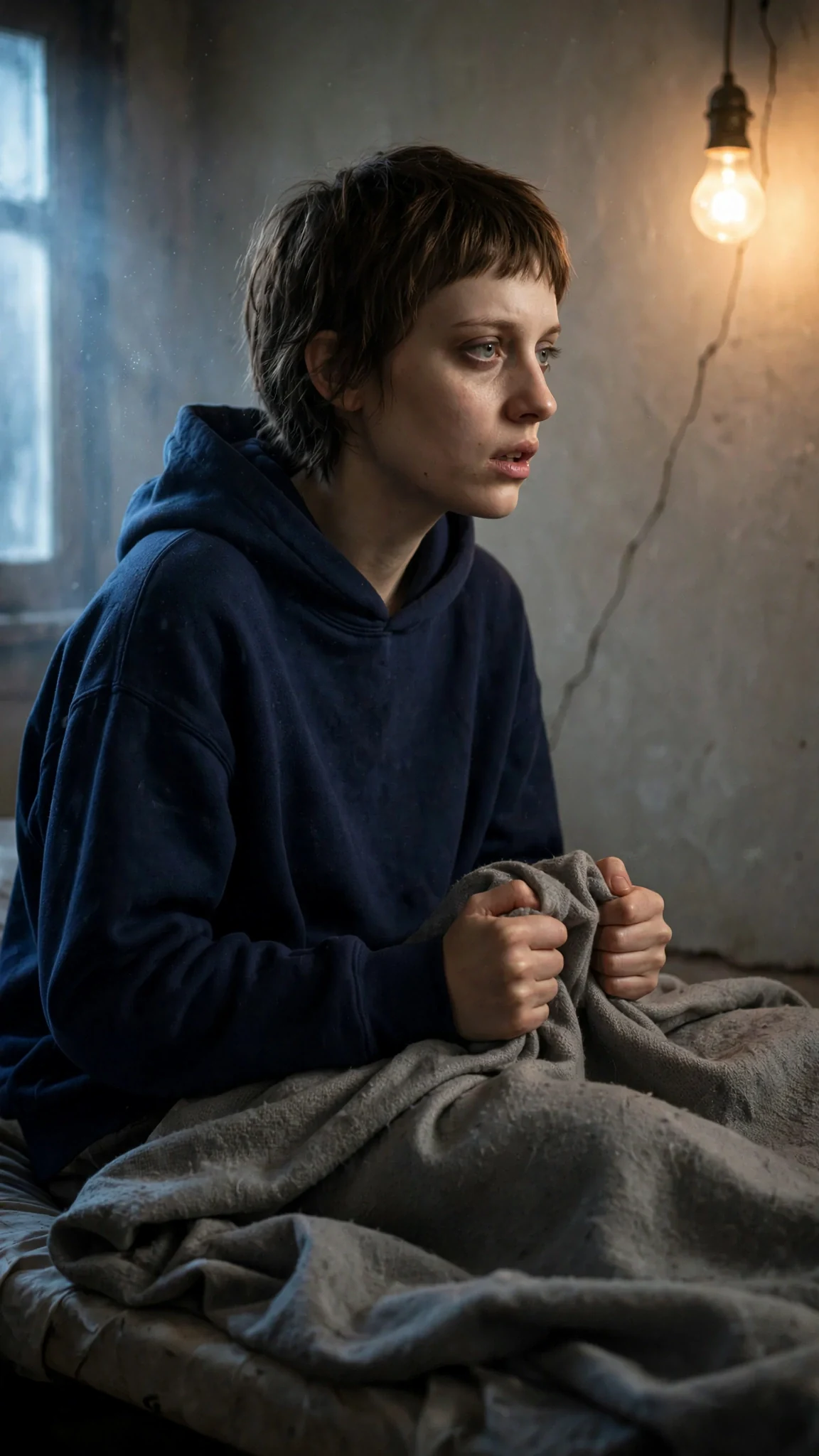Marnie's fists closing on the grey blanket as she speaks.