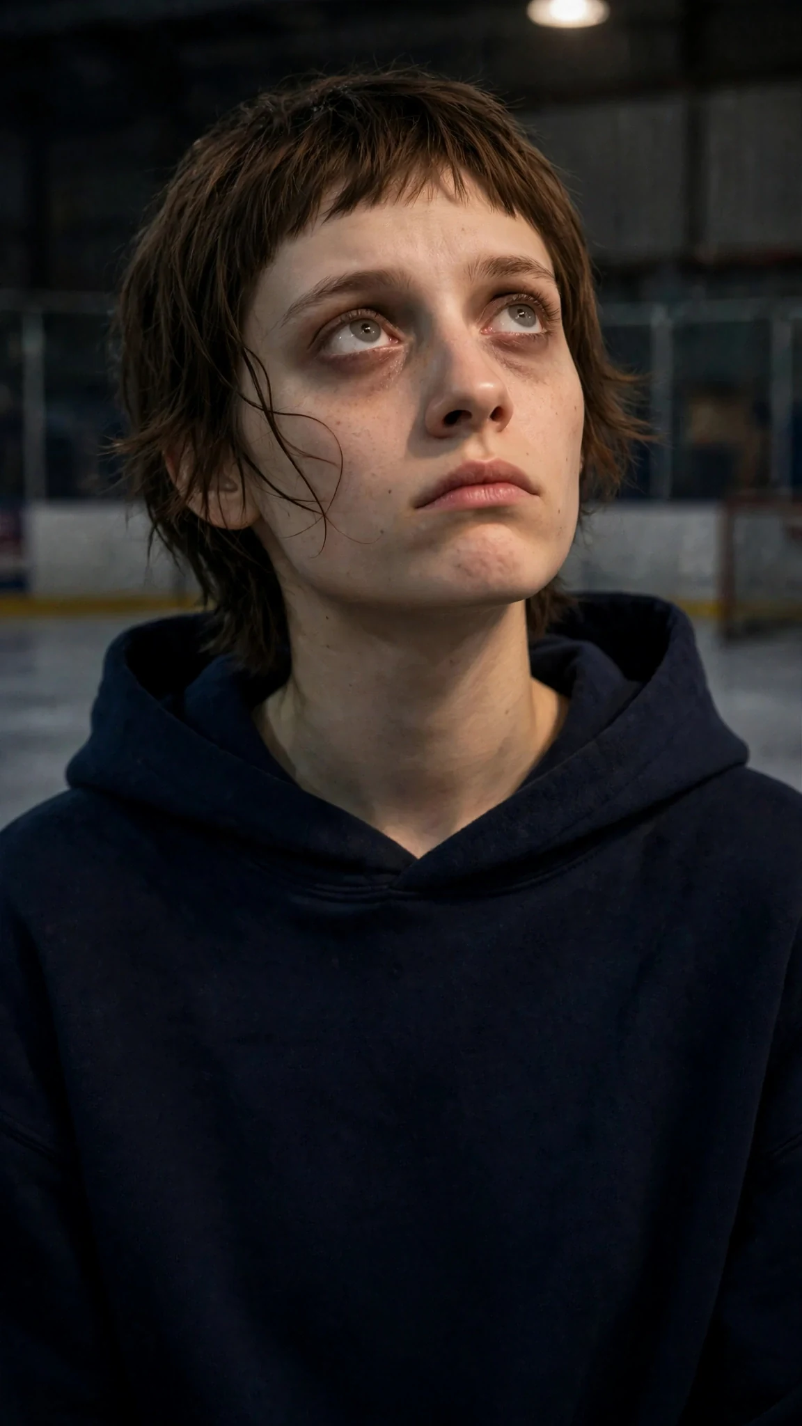 Marnie looking up, jaw tight, eyes wet but not crying.
