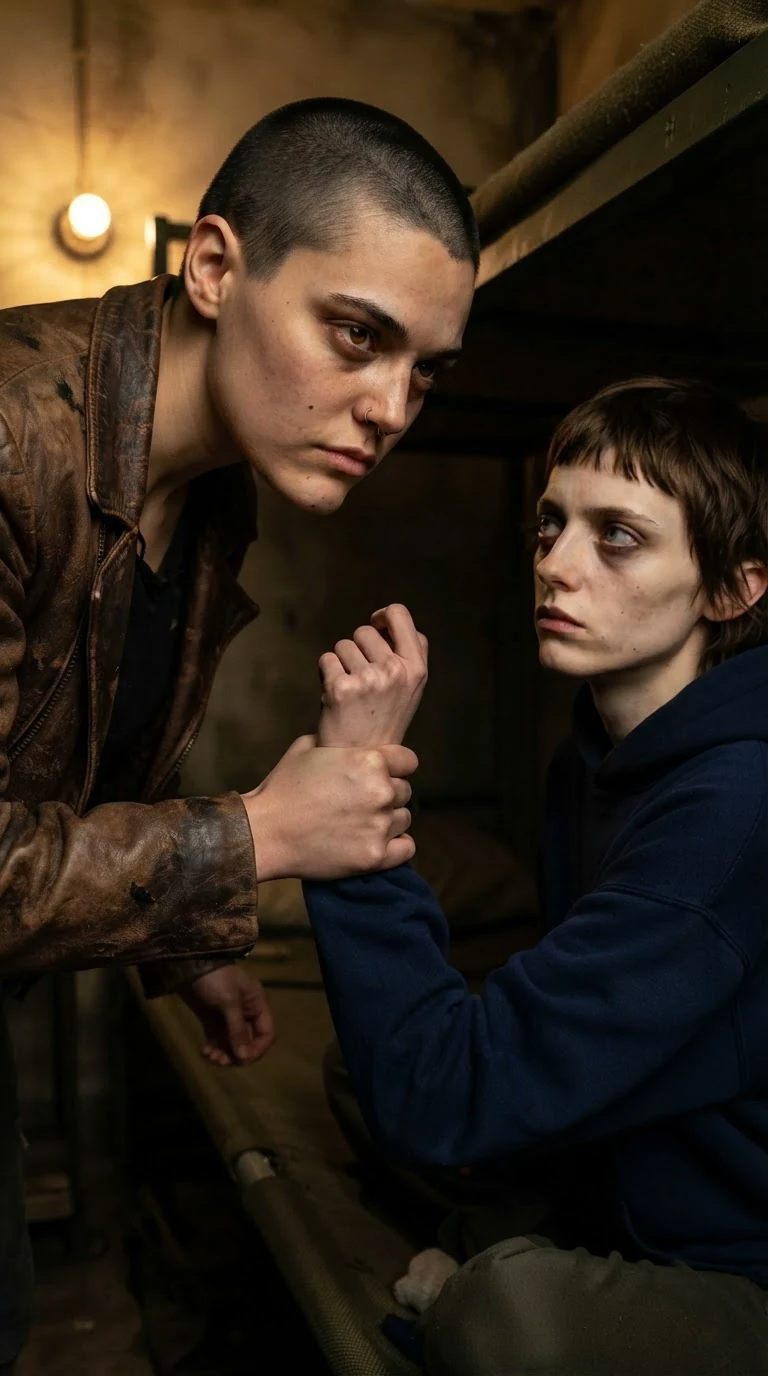 Juno still holding the wrist, her face close and hard.