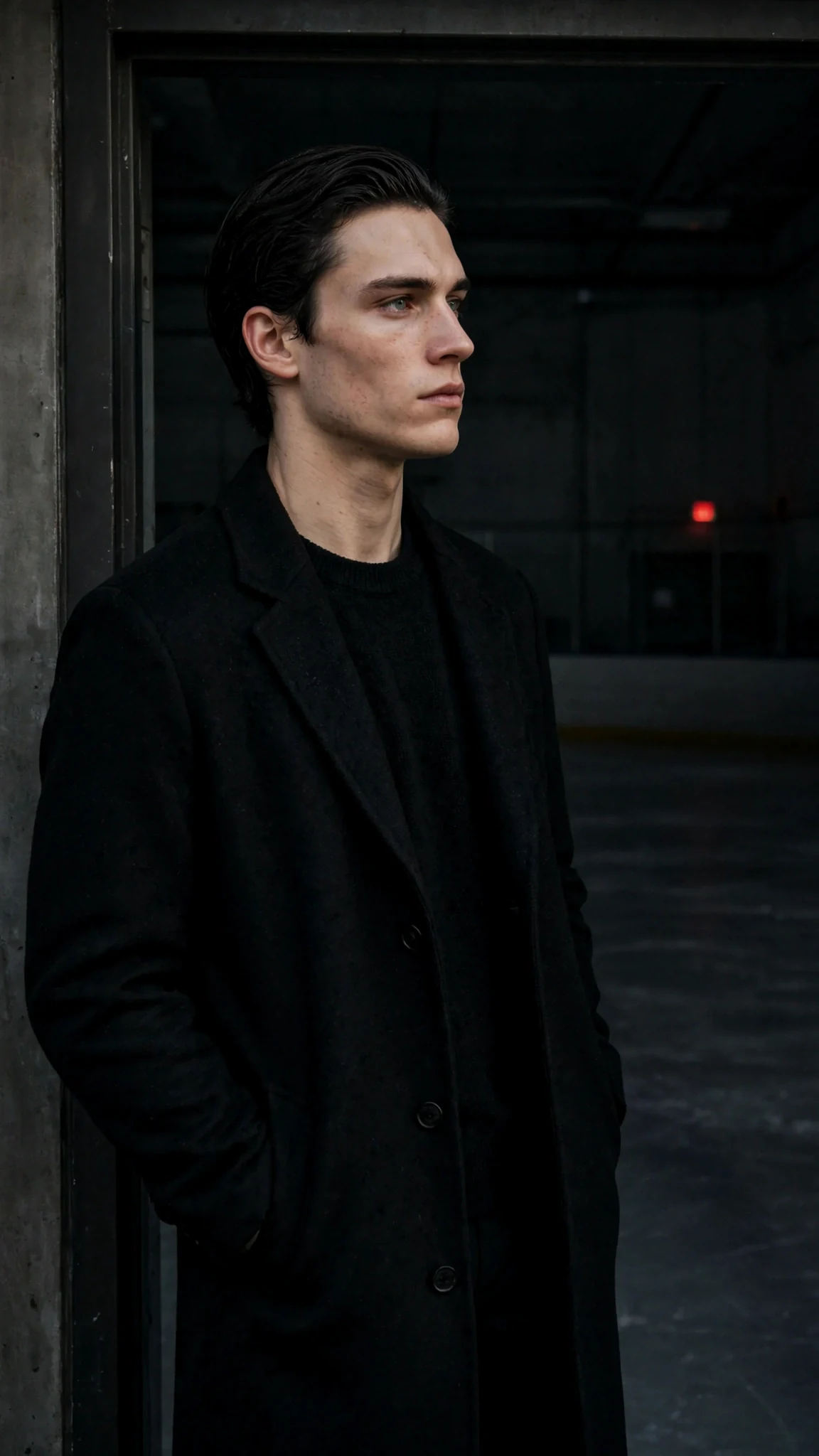 A tall man in a dark coat fills the doorway of the back room.