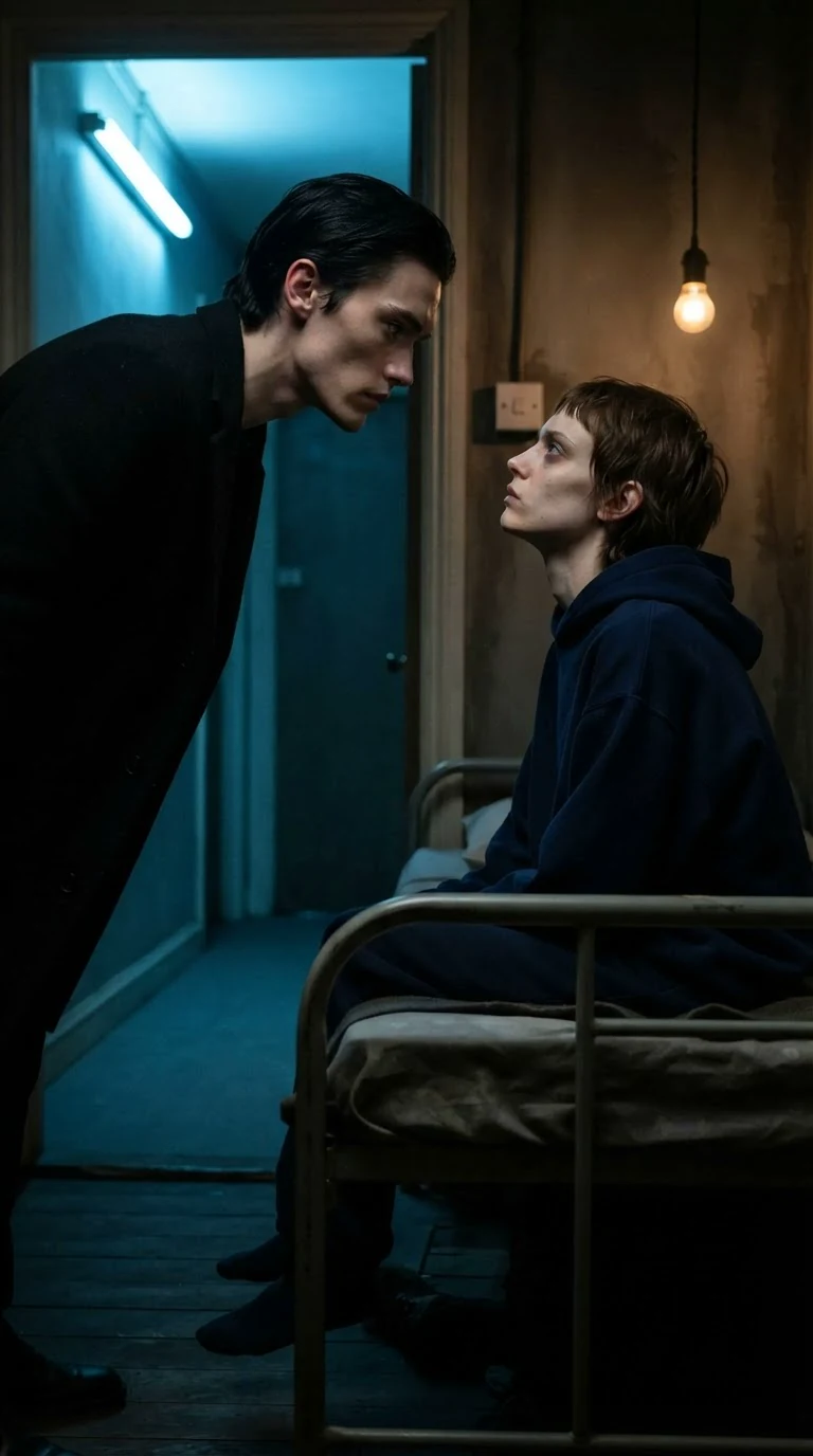 Cassian leaning in the doorframe, close and still, Marnie looking up at him.