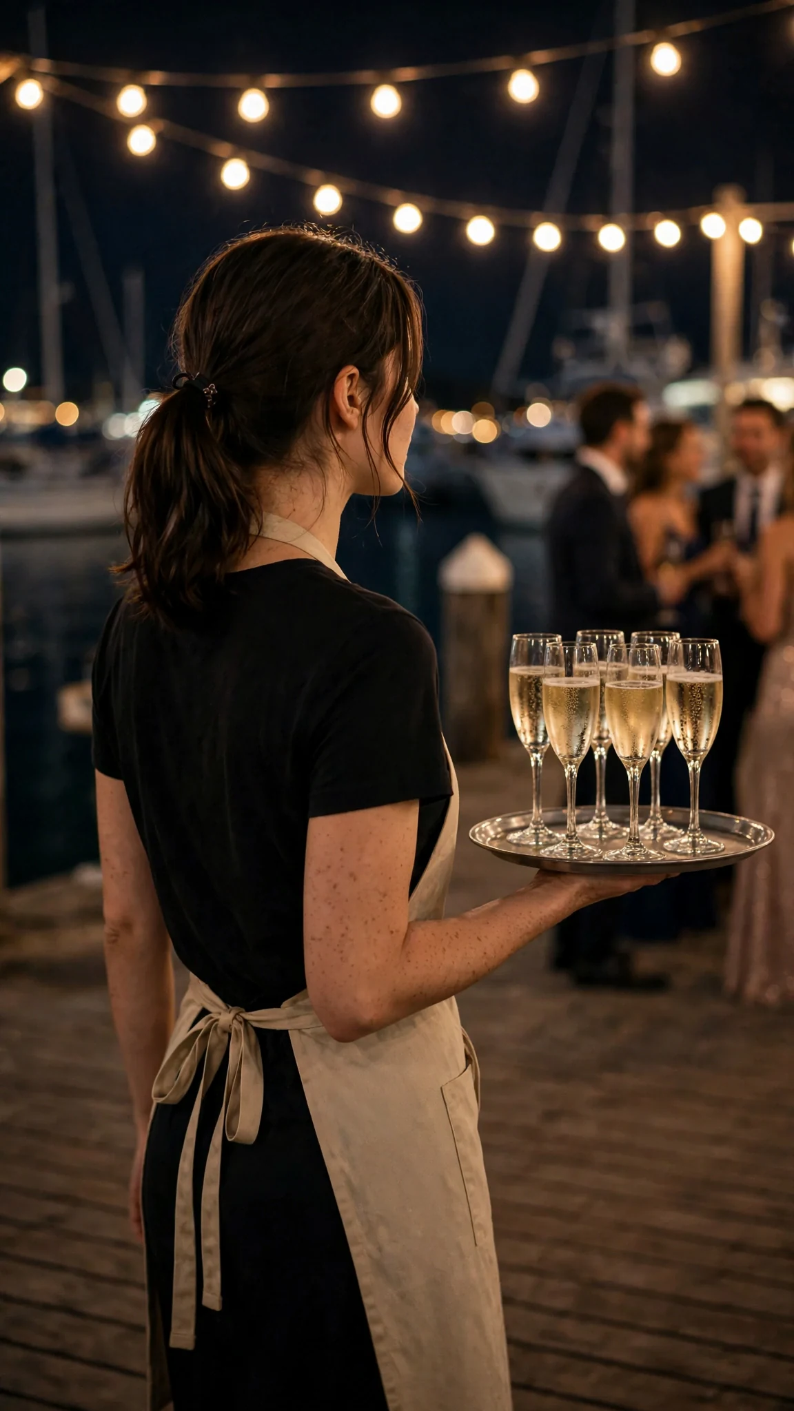 Renata carries a champagne tray through a lit dock party, unnoticed.