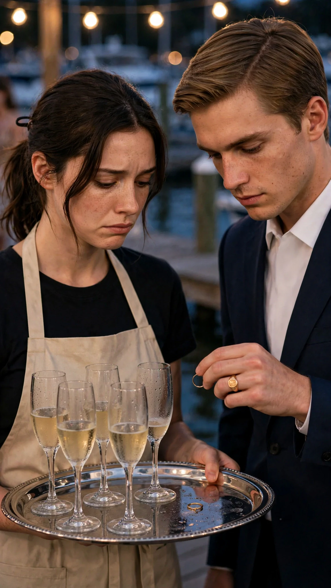 Adrian drops a gold ring onto Renata's tray beside the champagne.