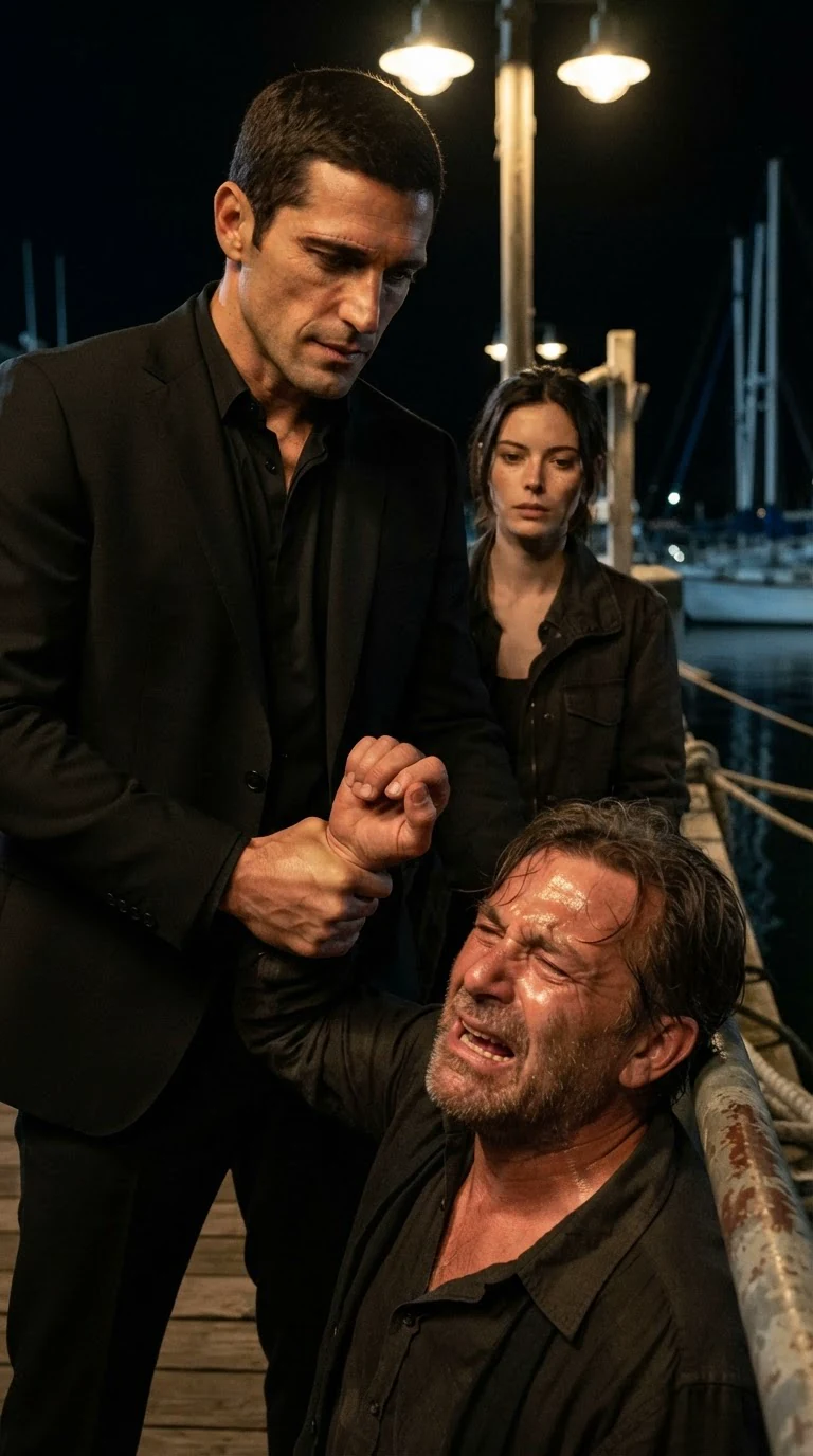 Saverio bends the drunk man's wrist away from Renata.