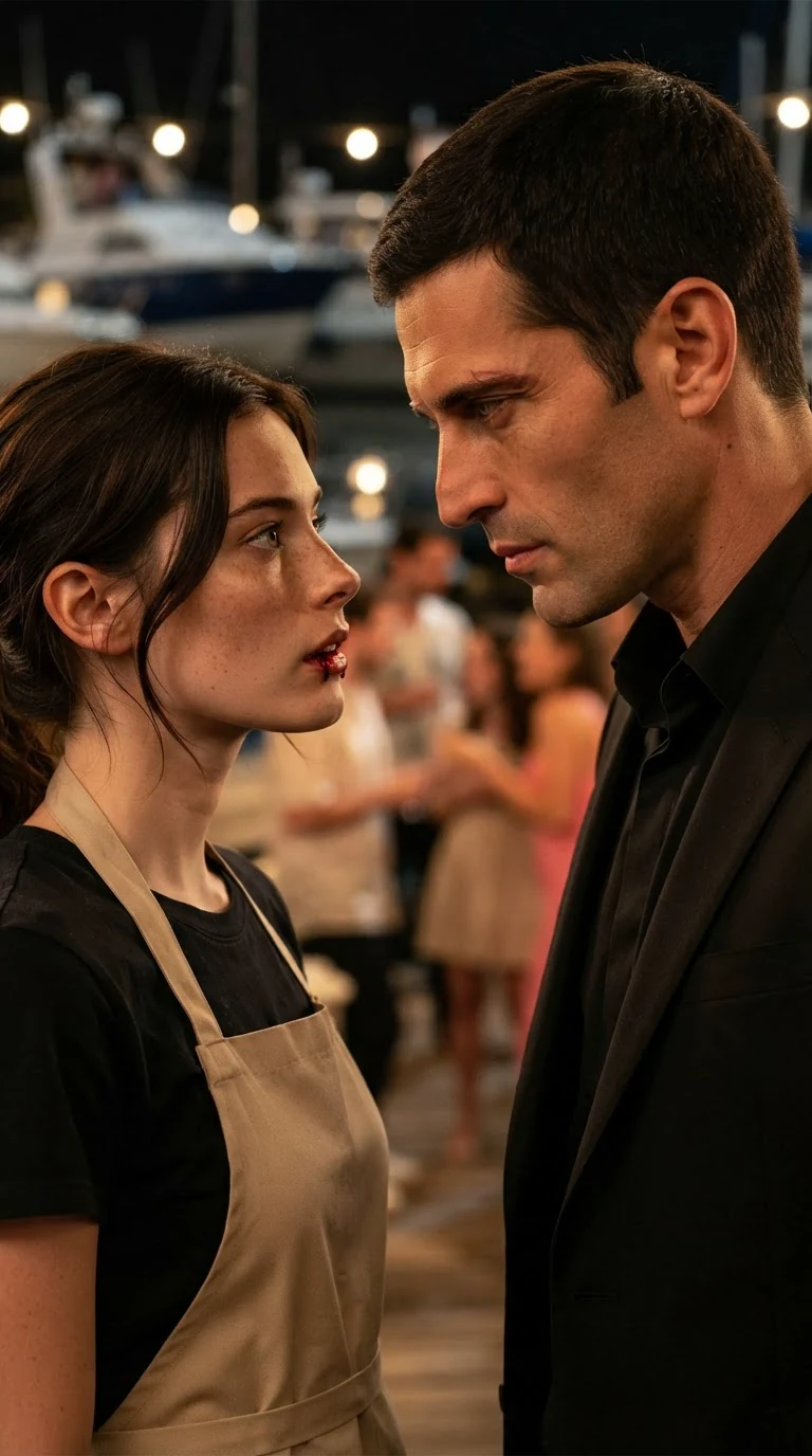 Saverio stares at the blood on Renata's mouth.