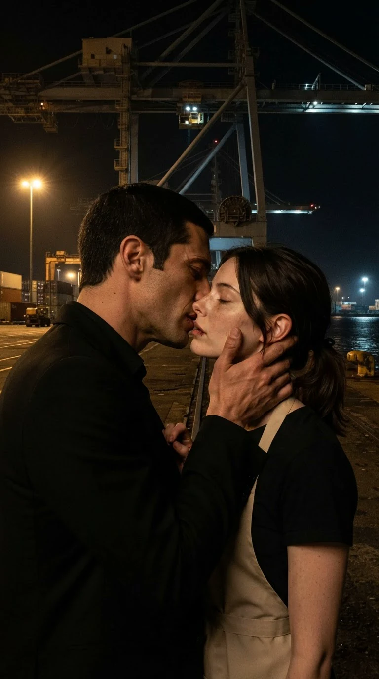 Saverio kisses Renata behind the crane and she kisses him back.