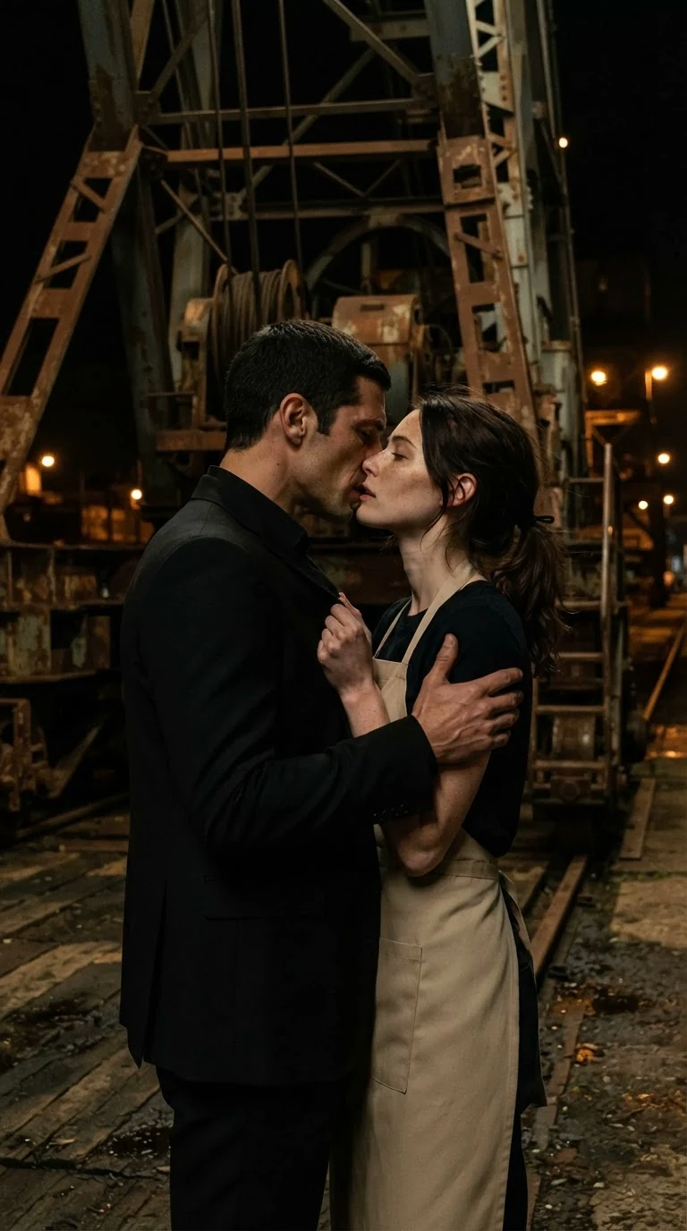 Renata grips Saverio's jacket and pulls him closer.