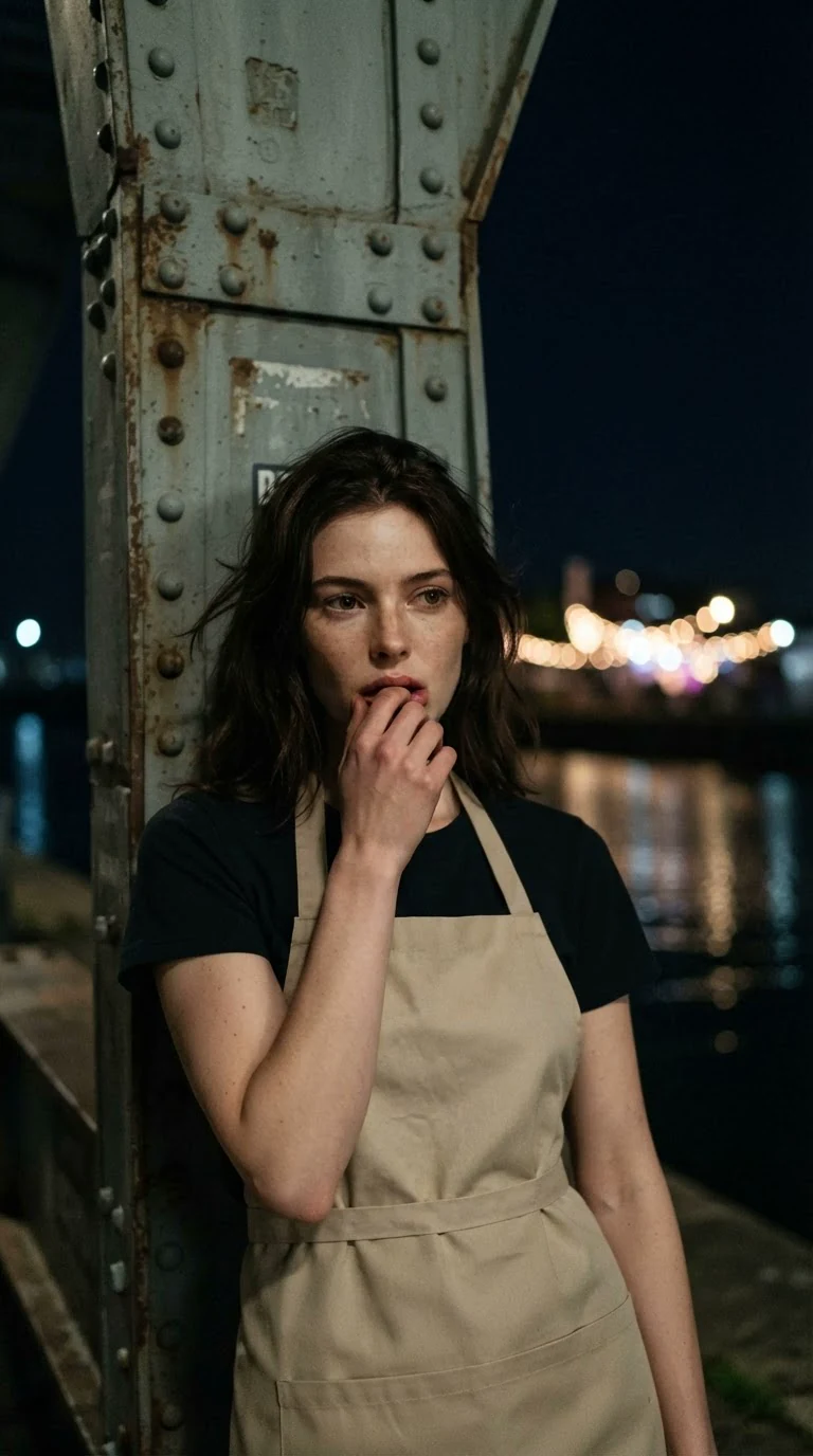 Renata stands alone by the crane after Saverio disappears into the dark.