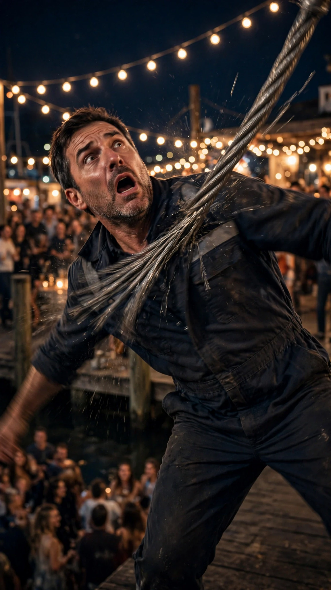 A snapped crane cable whips across a dockworker and throws him down in a burst of blood.