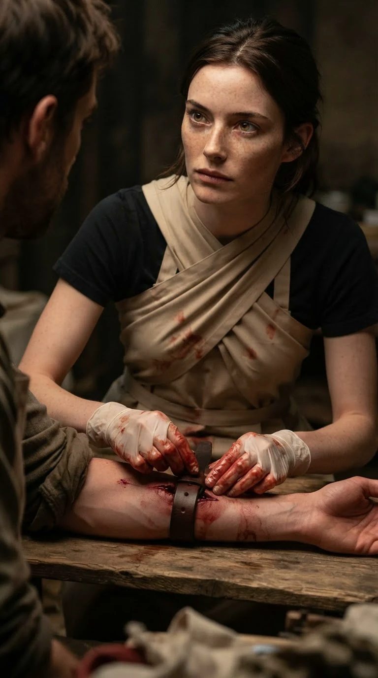 Renata twists her apron around the worker's arm and ties a belt above the wound.