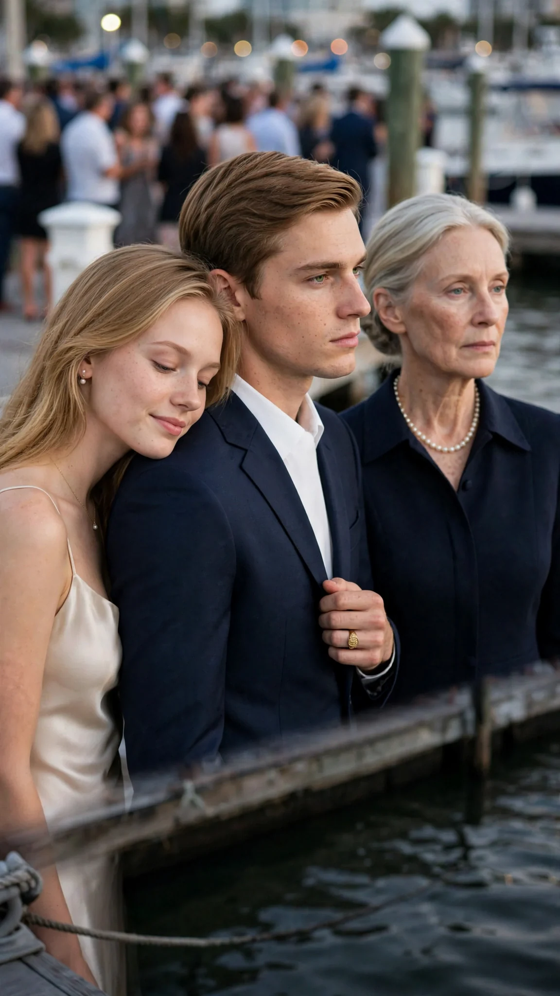 Fiorella hides her face against Adrian while Beatrice stands stiff and cold beside them.