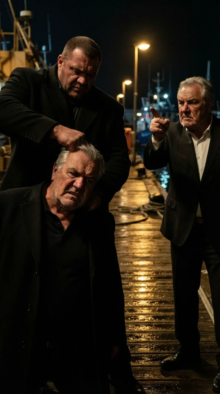 Vittorio points at an old crane operator while a man in a black coat seizes his hair.