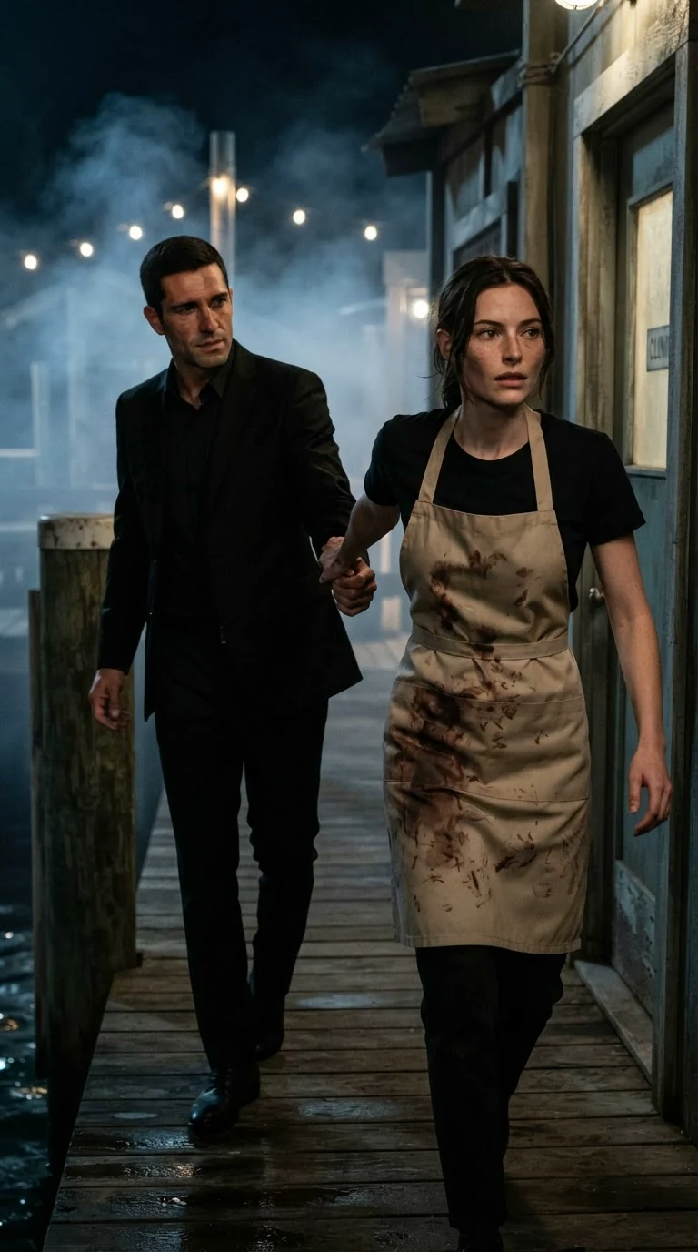 Renata grips Saverio's sleeve and pulls him away from the party toward the clinic door.