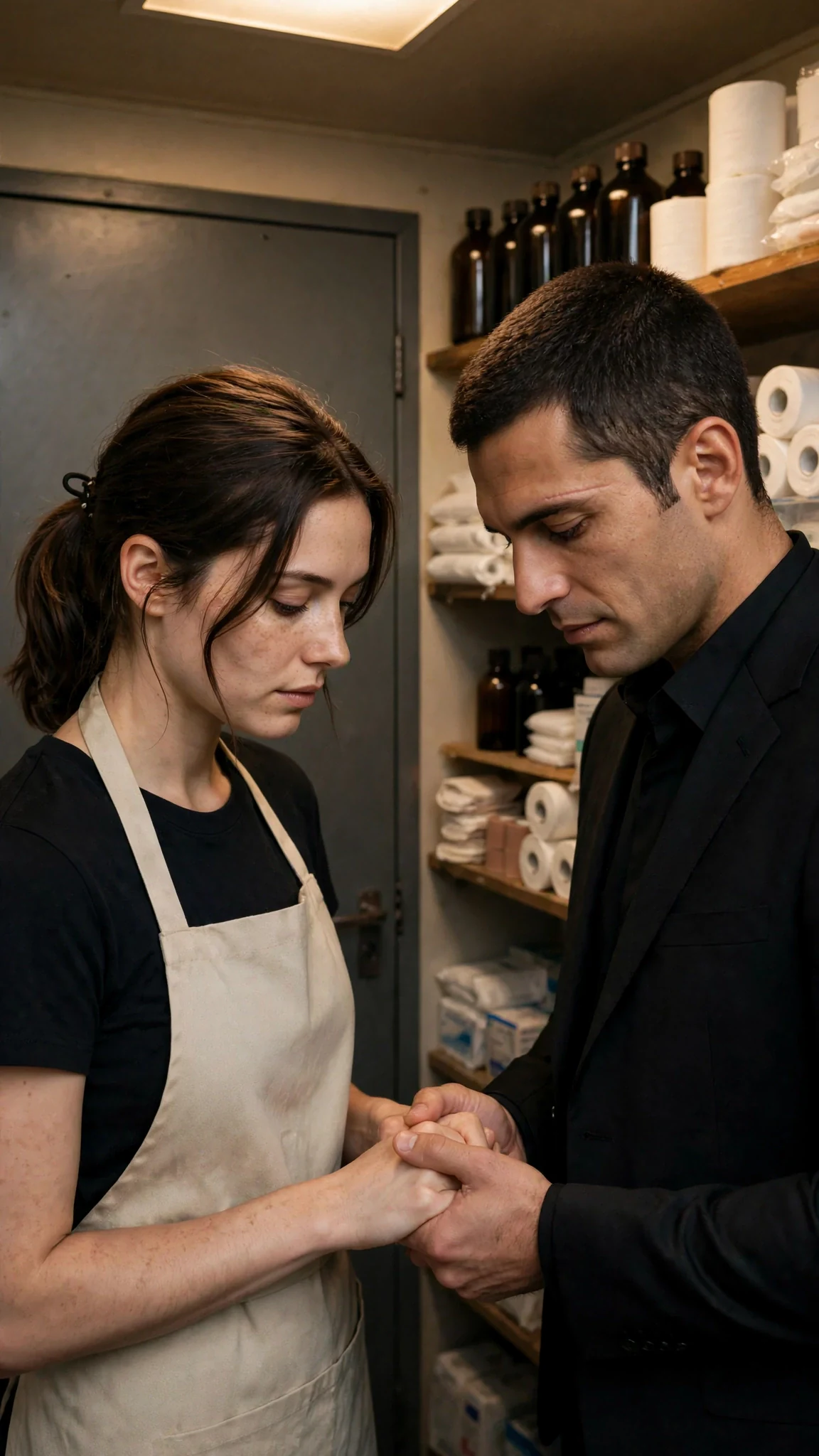 Inside a cramped supply closet, Renata holds Saverio's hands in hers and finds them shaking.