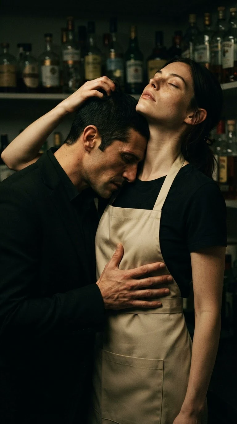 Saverio's mouth at Renata's throat, her head tipped back against the shelf.