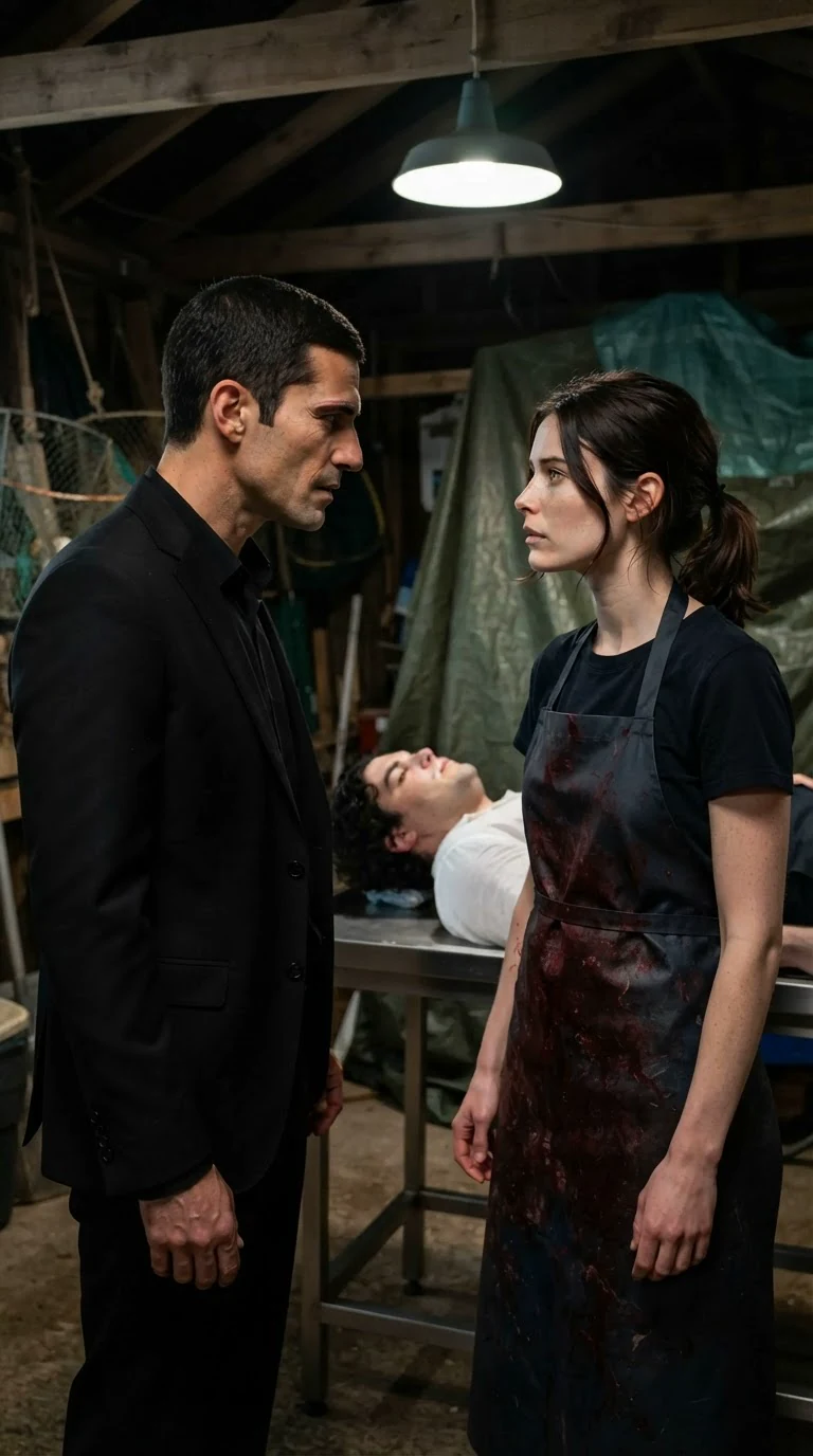 Saverio leads Renata into a dark boathouse where Luca lies bleeding on a steel table.