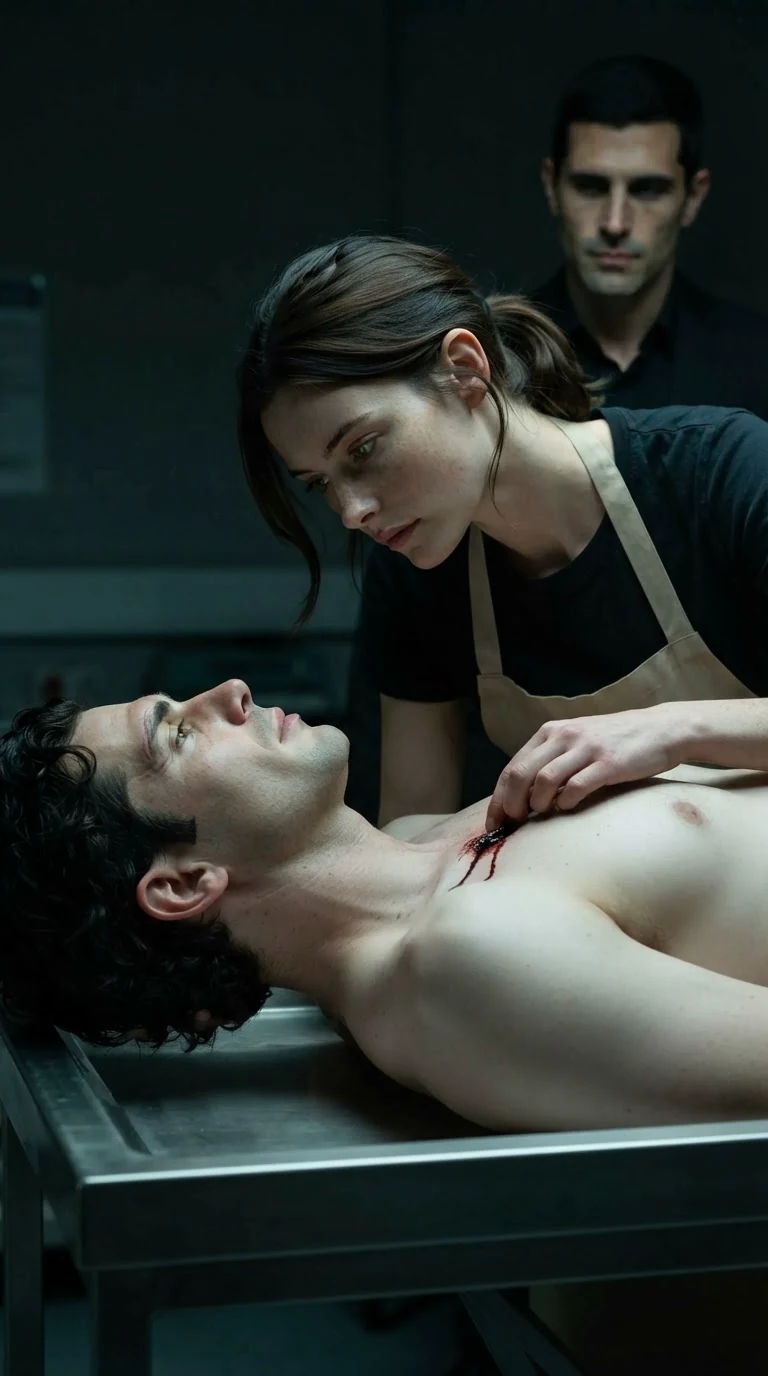 Renata looks closely at the bullet hole under Luca’s collarbone while blood runs down his chest.