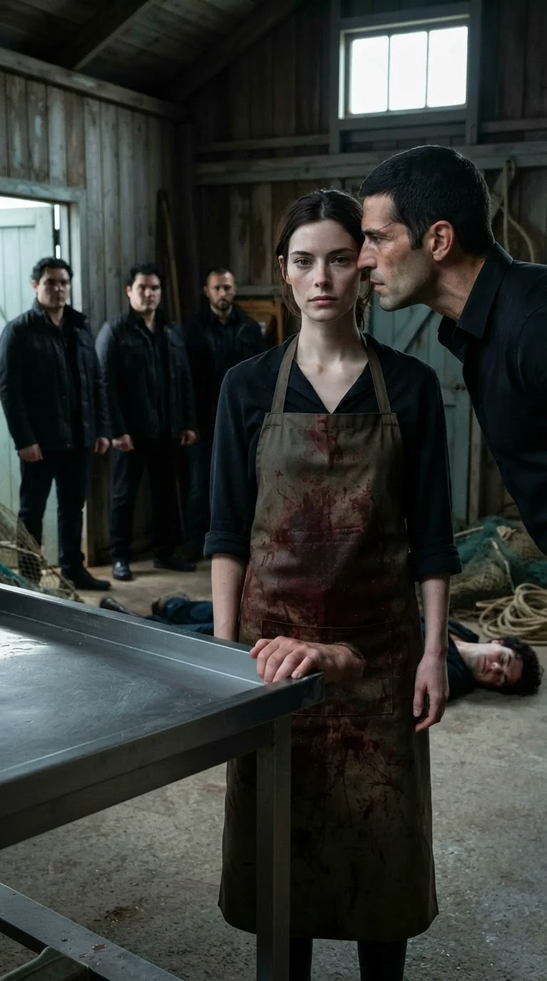 Saverio leans close to Renata and threatens her in front of his silent men.