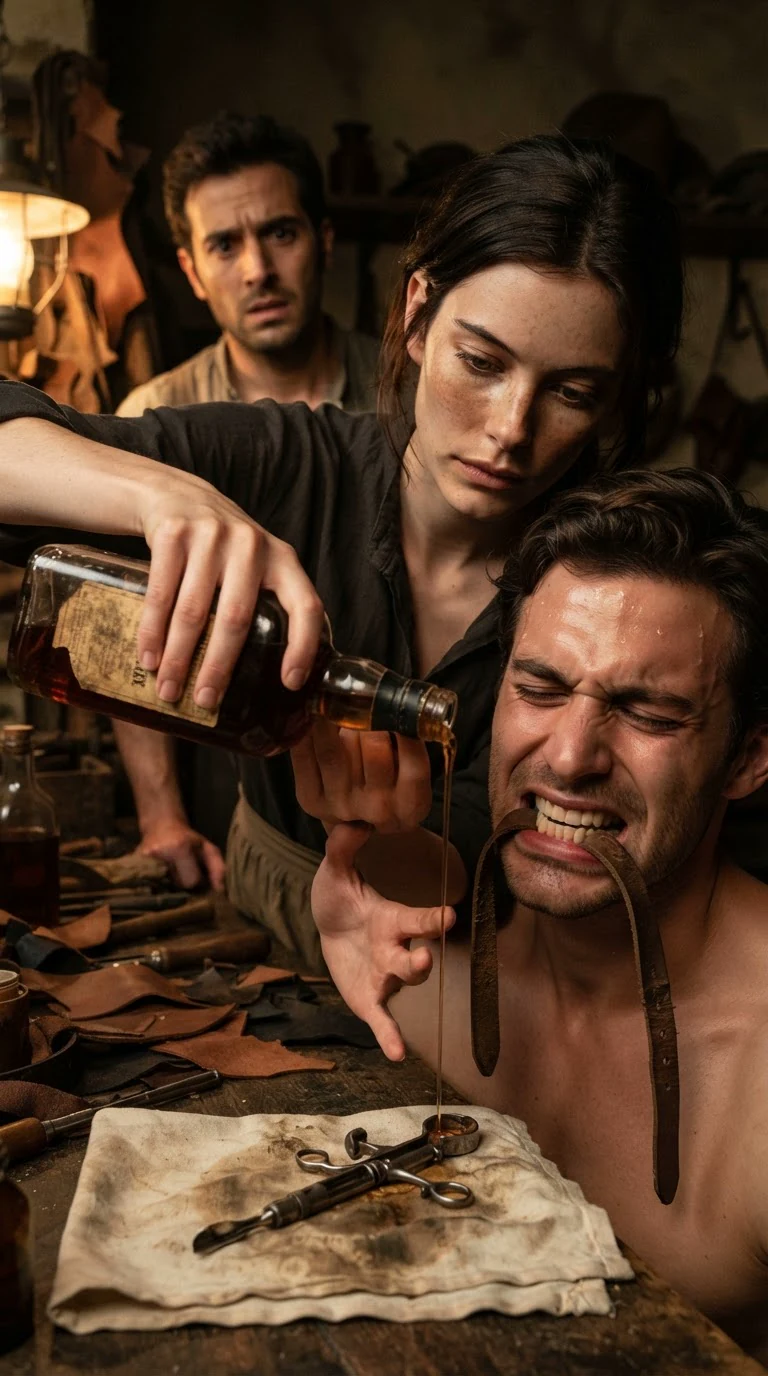 Renata pours whiskey over a knife and Luca’s wound as he bites down on a leather strap.