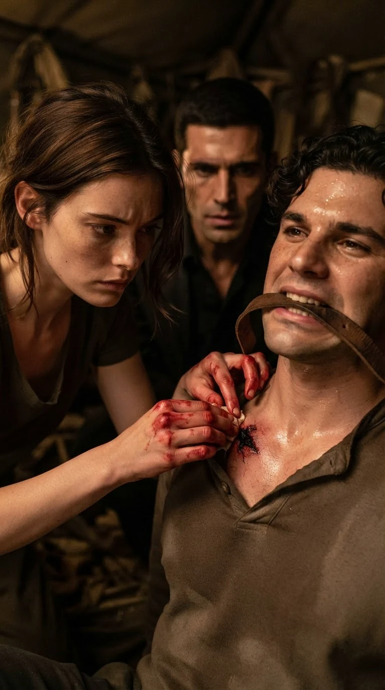 Renata’s bloody fingers work deep in Luca’s wound while he strains against the pain.