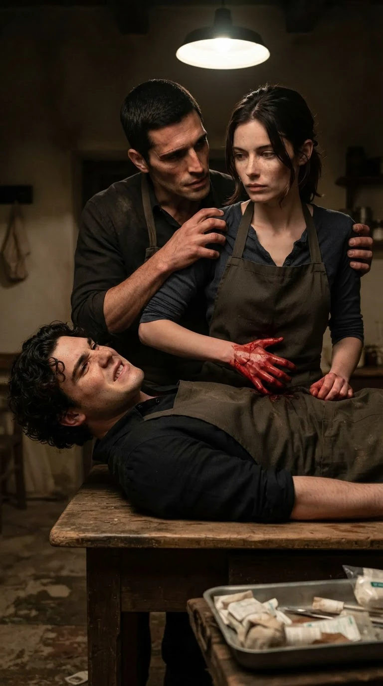 Saverio grips Renata’s shoulder hard as she pulls the bullet from Luca.